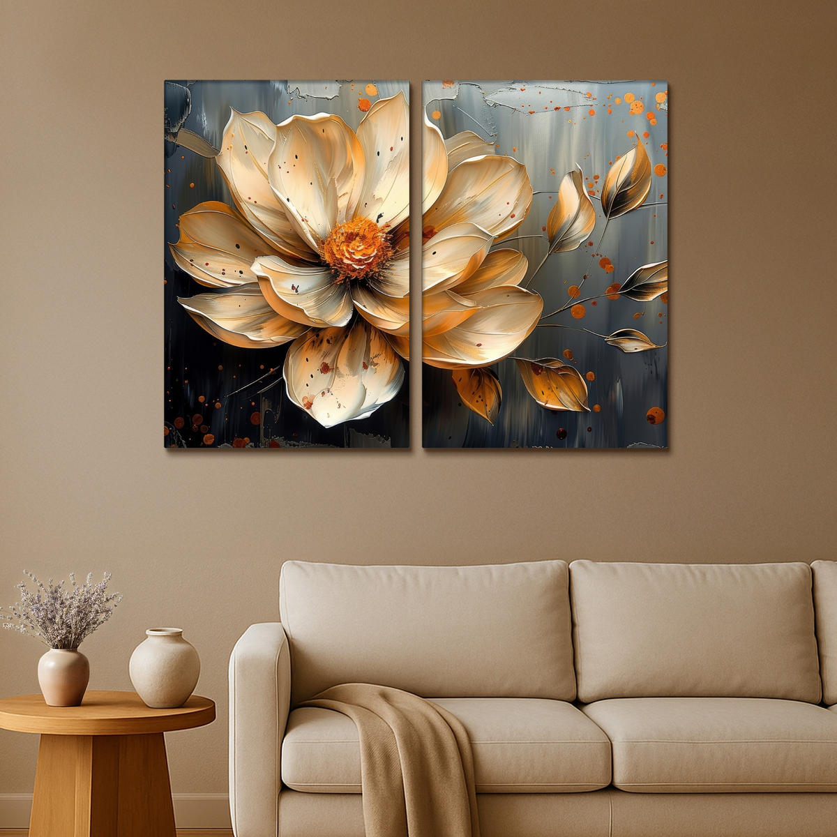 LEINWANDBILD 2er Set Blume - Gold - Abstrakt - Farbe 120x90 cm - Creme, Textil (120/90cm) - MuchoWow