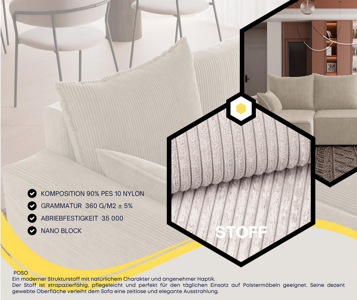 ECKSOFA Tobi mit Bettkasten und Schlaffunktion, L-Form, Cordstoff, Universal - Beige, Holzwerkstoff (246/145cm) - 4ALL HOME