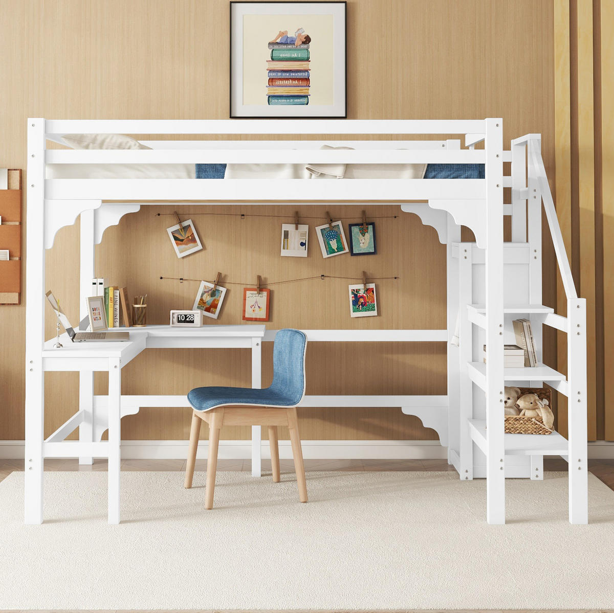 HOCHBETT 140/200 cm mit L-förmigem Schreibtisch, offenem Kleiderschrank und Stauraumtreppe, Kiefer/MDF, Weiß - Weiß, Holzwerkstoff (140/200cm) - Redom