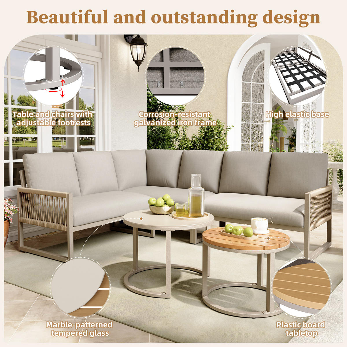 LOUNGESET 6-7 Personen Beige Eck Mit Verstellbaren Füßen - Beige, Metall - FLIEKS