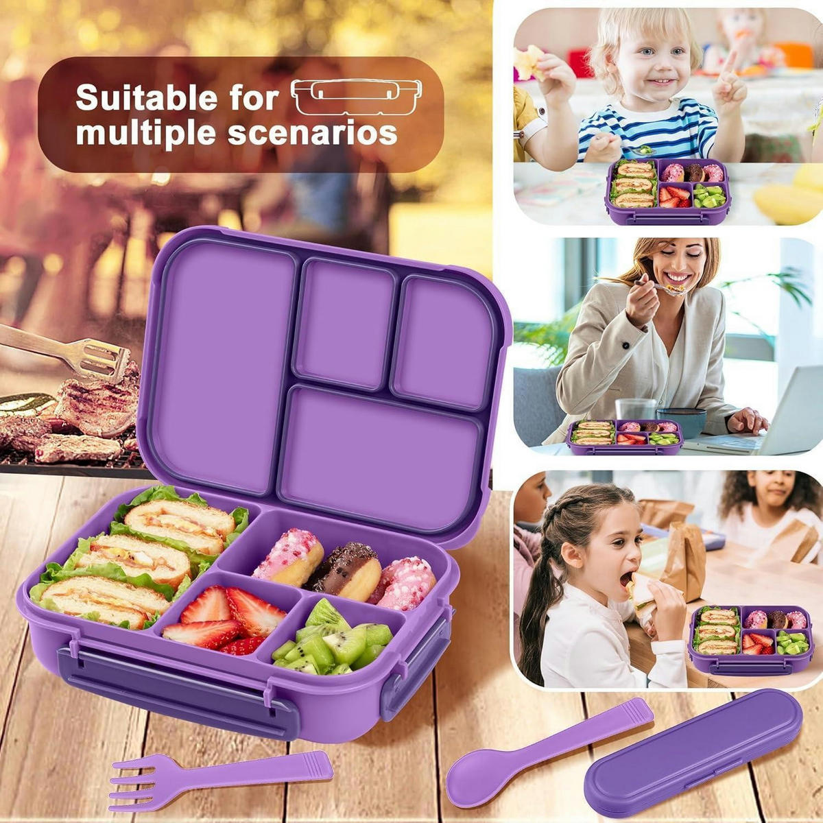 BENTO Box Kinder 1200ml 4 Fächer Lila mit Besteck - Lila, Kunststoff (16/5.8/22.5cm)
