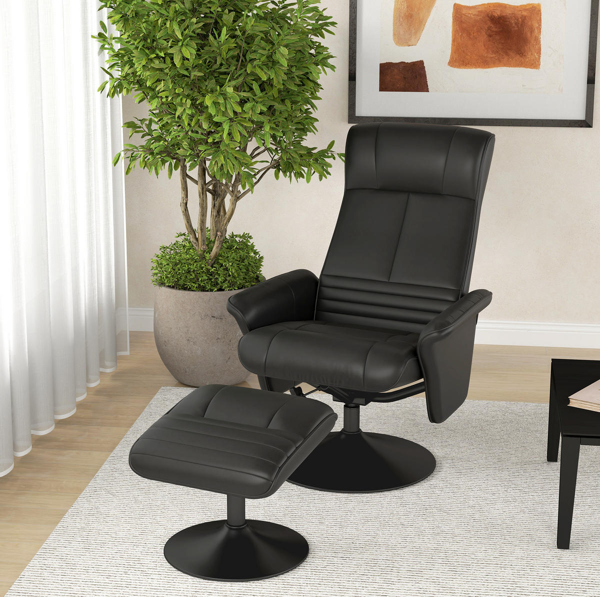 RELAXSESSEL Polyester mit Hocker, Liegefunktion 69/71/104 cm Schwarz - Schwarz, Textil (71/104/69cm) - Redom