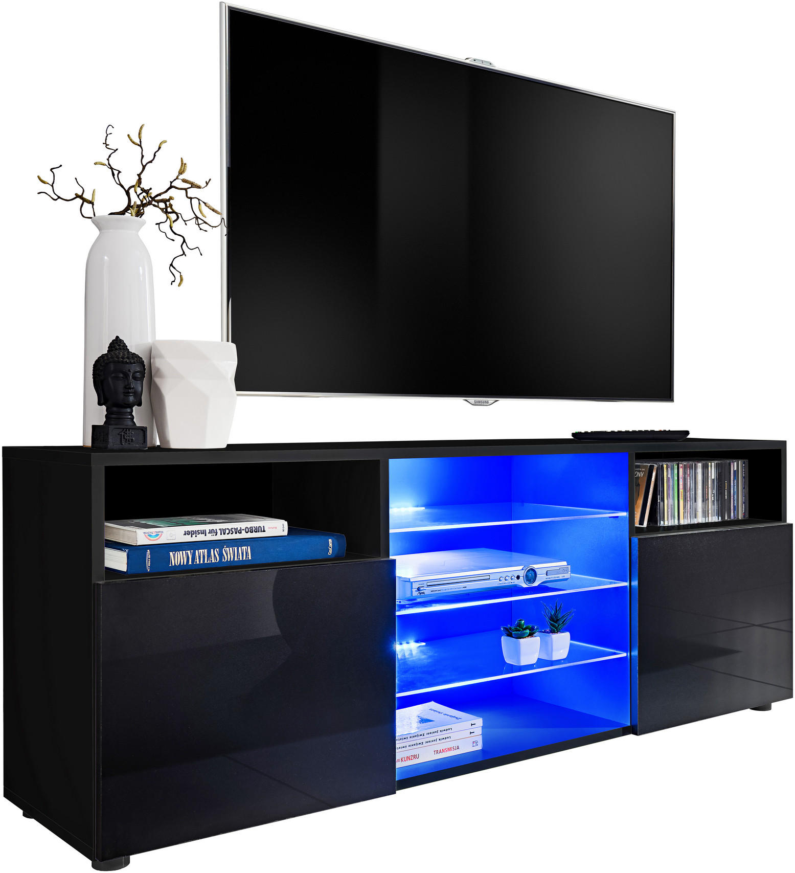 SIDEBOARD TV URBINO Black, Blau LED Beleuchtung - Schwarz, Glas/Holzwerkstoff (140/53/35cm) - Komodee