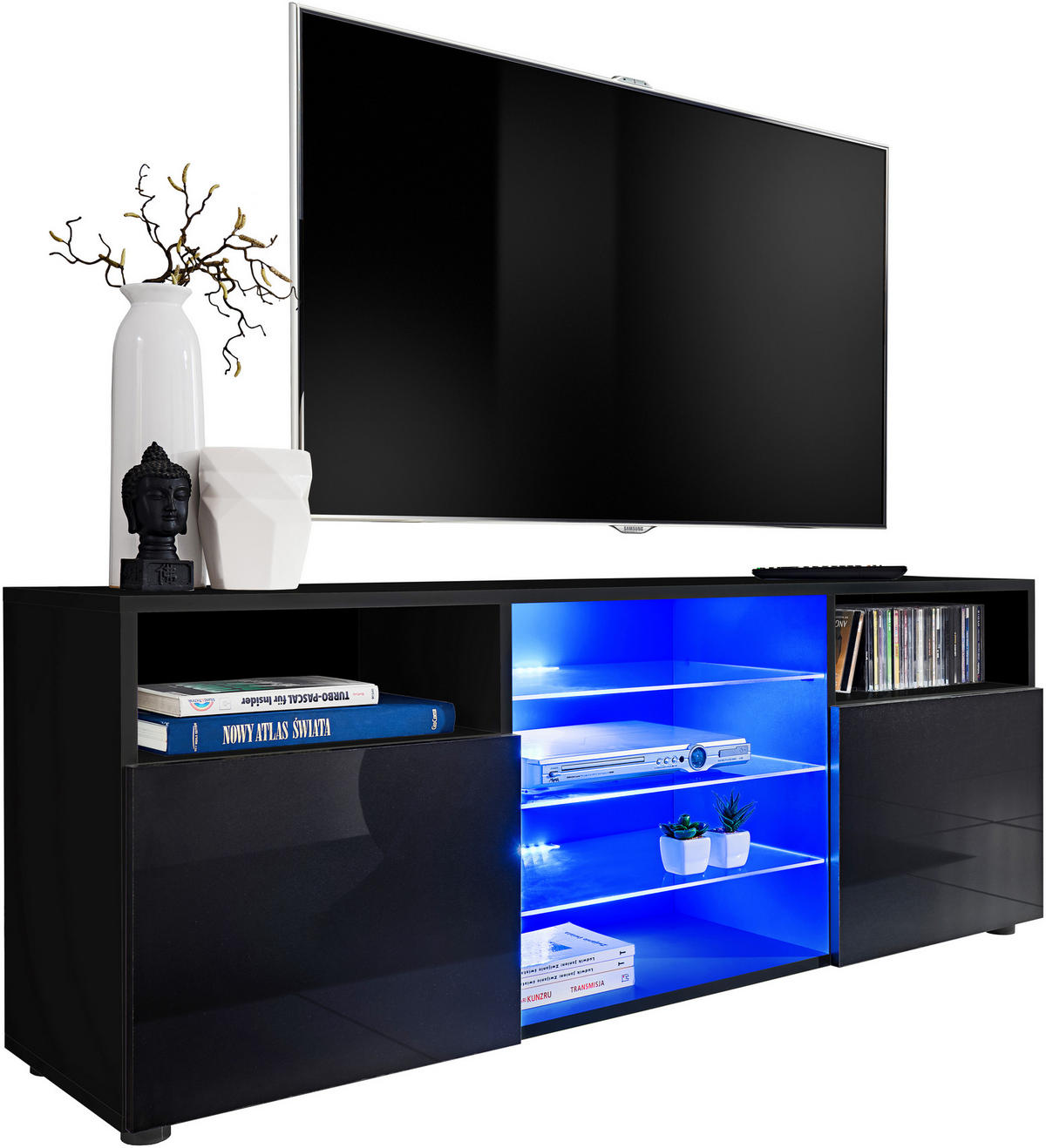 SIDEBOARD TV URBINO Black, Blau LED Beleuchtung - Schwarz, Glas/Holzwerkstoff (140/53/35cm) - Komodee