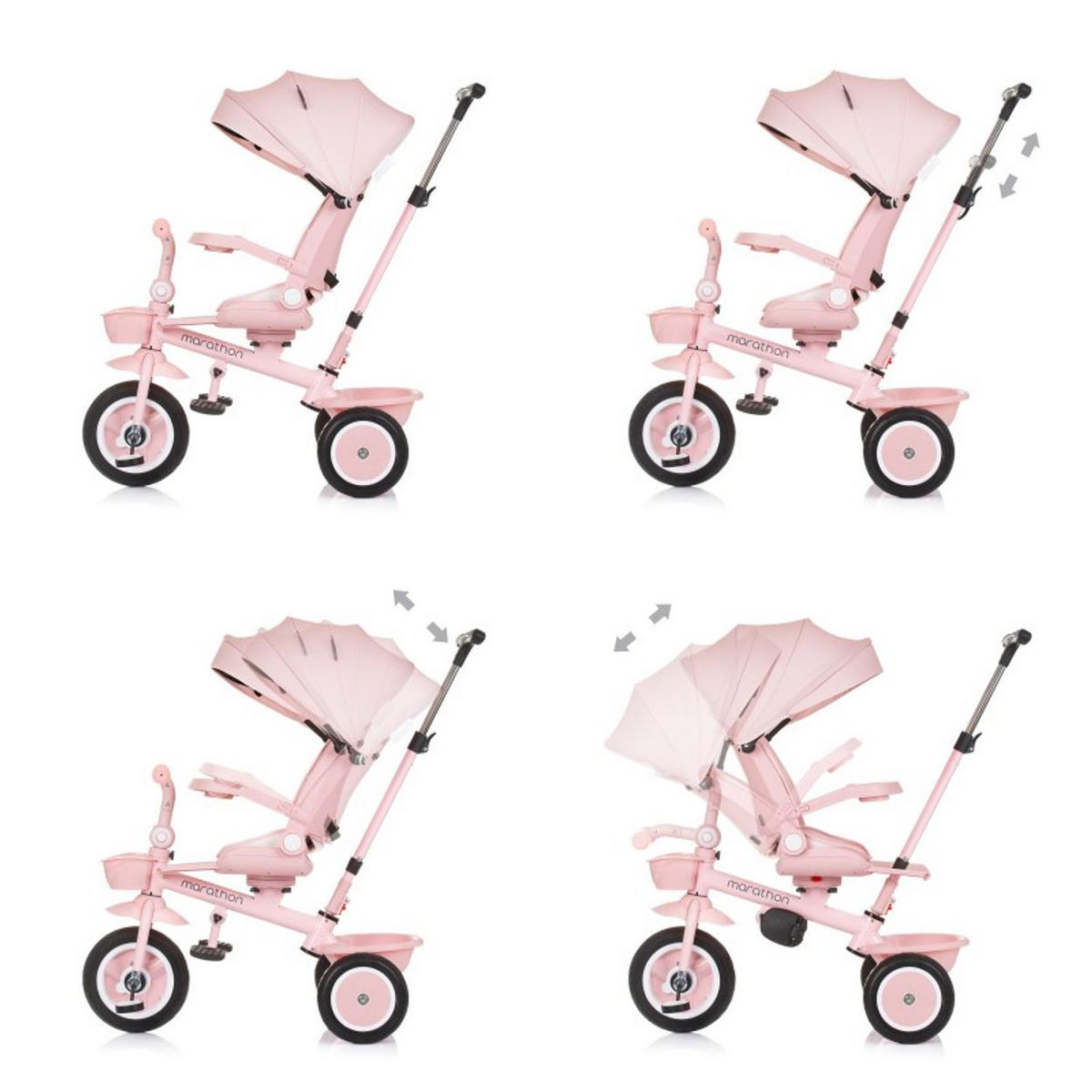 DREIRAD Marathon 2 in 1 rosa Dreirad, Sitz umkehrbar, Gummiräder, Dach - Rosa, Metall (92/46/99cm) - Chipolino