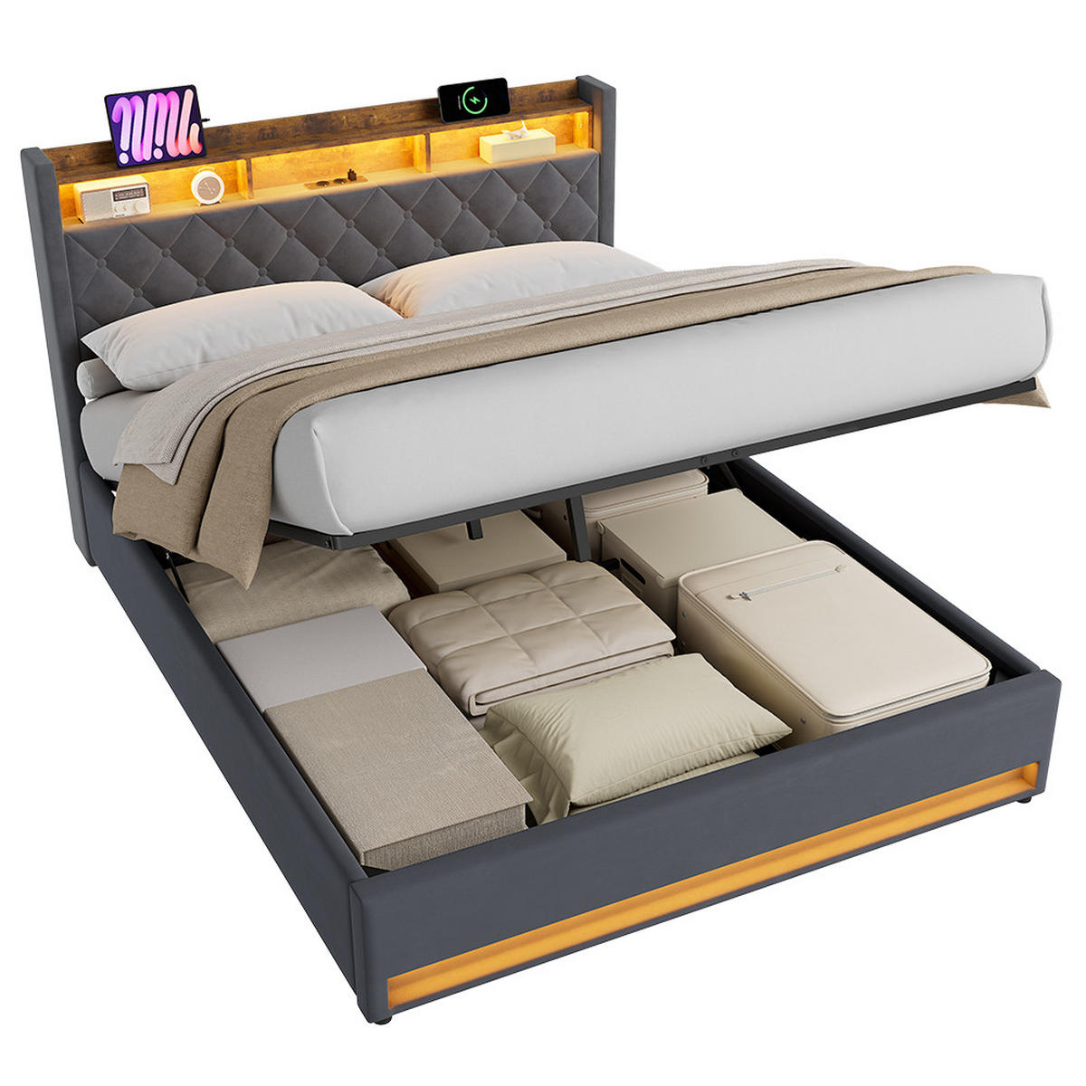 POLSTERBETT 160/200 cm in Grau Samt mit Bettkasten, LED-Beleuchtung und USB-Anschluss - Grau, Holzwerkstoff/Textil (160/200cm) - CHICFURN