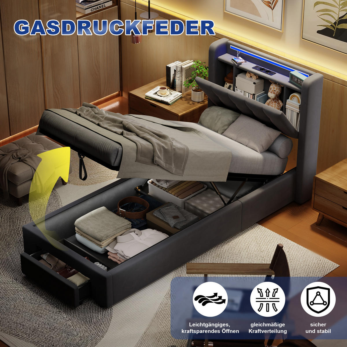 POLSTERBETT 90/200 cm Grau mit LED-Lichtleiste und USB-Anschlüssen - Grau, Holzwerkstoff (90/200cm) - OKWISH