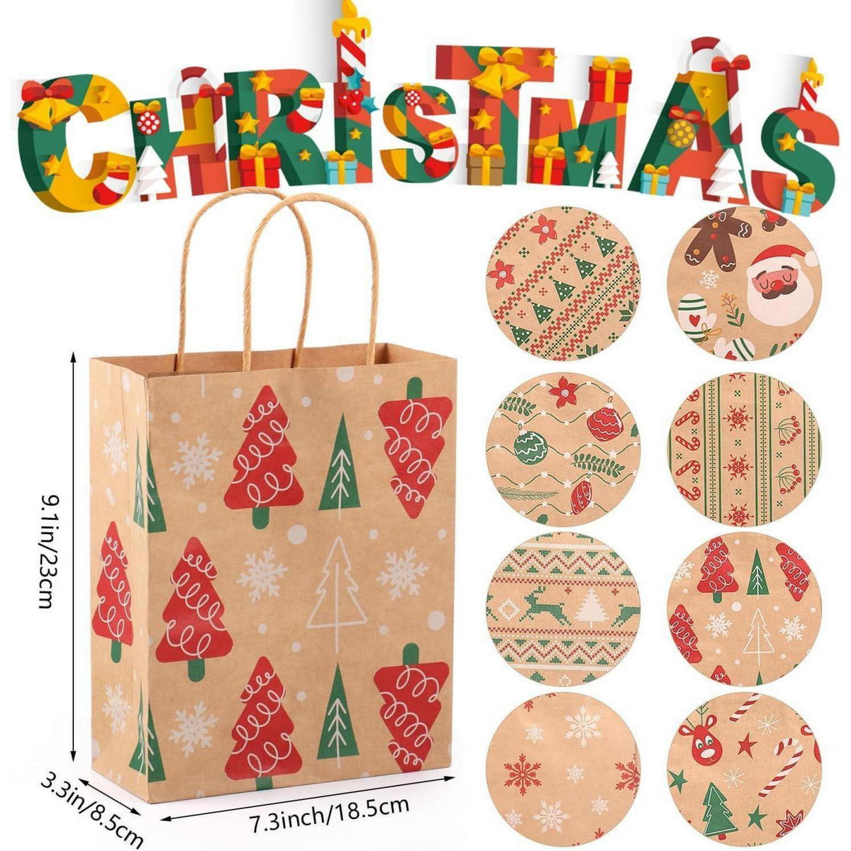 GESCHENKTÜTEN 24-teiliges Set Kraftpapier Weihnachten mit Henkel 23 cm - Multicolor, Papier (18.5/8.5/23cm)