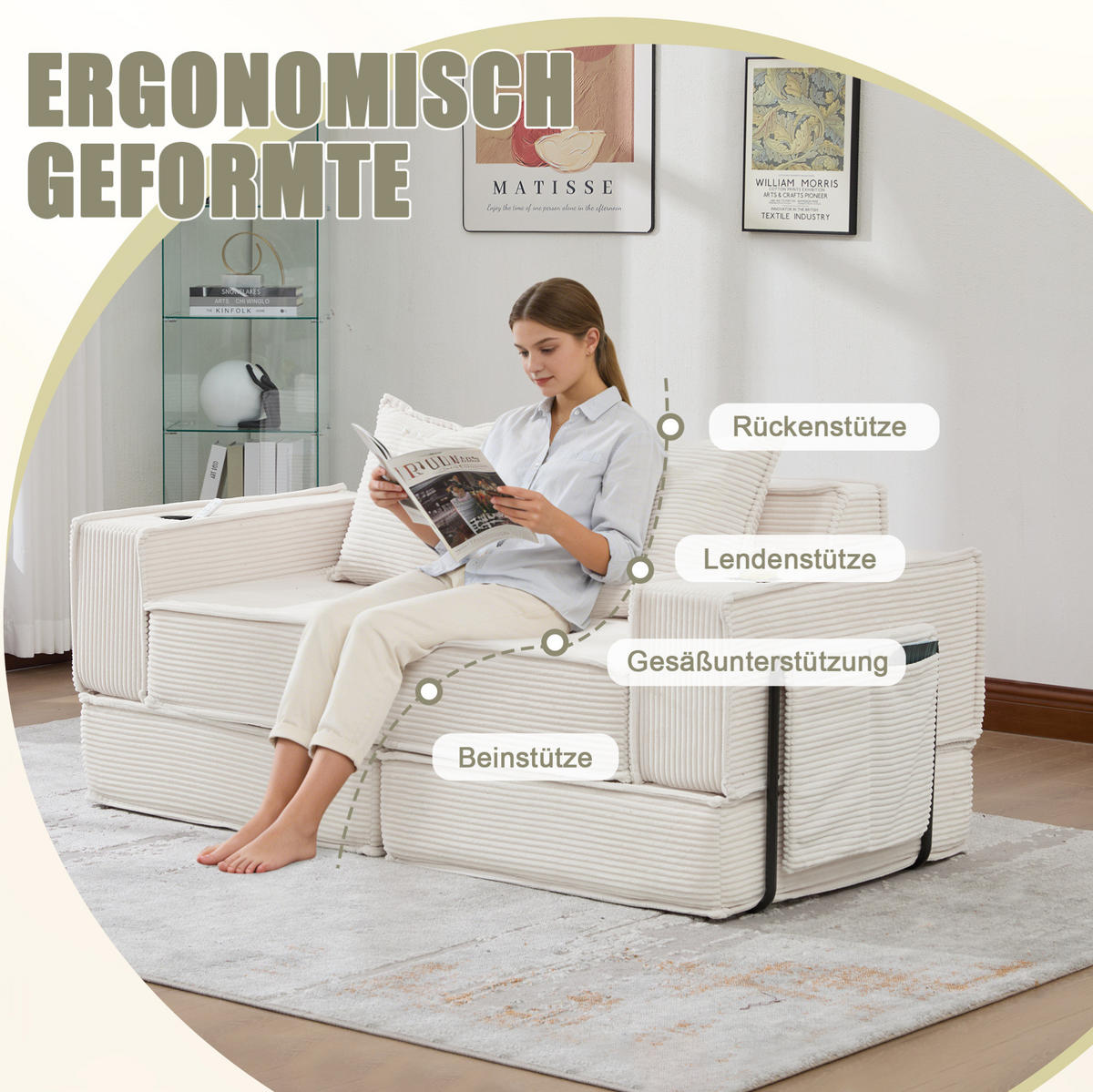 2-SITZER-SOFA 162/78/66 cm mit Seitentaschen, 2 Kissen und modularem Design aus Cord, Beige - Beige, Textil (162/66/78cm) - Redom