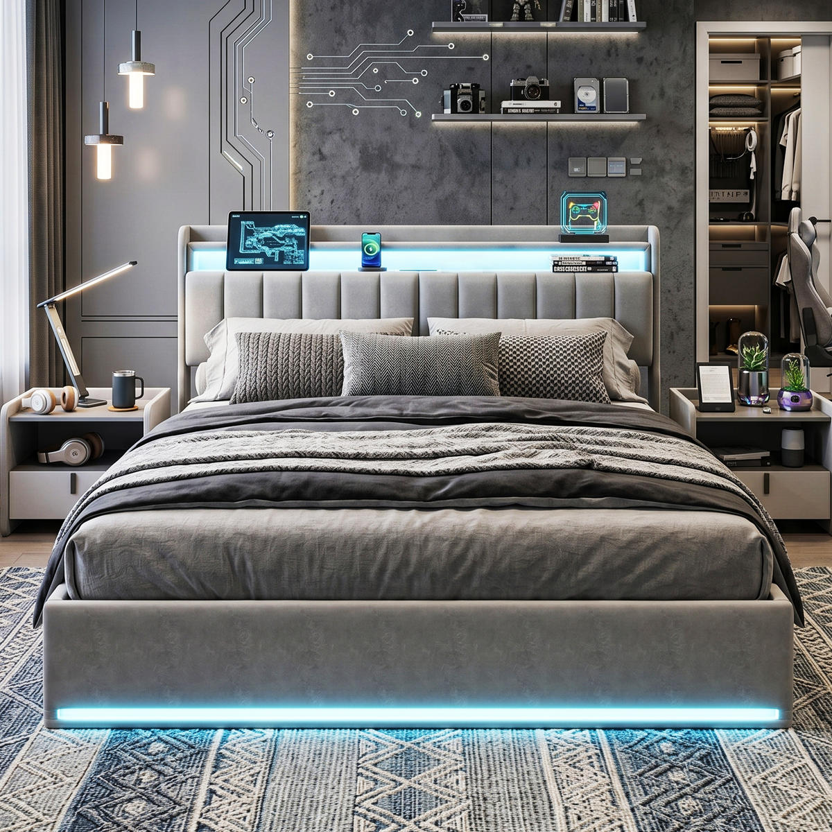 POLSTERBETT Längssteppung 140/200 cm mit Bettkasten & App-LED Samtoptik Grau - Grau, Textil (140/200cm) - Creahappy