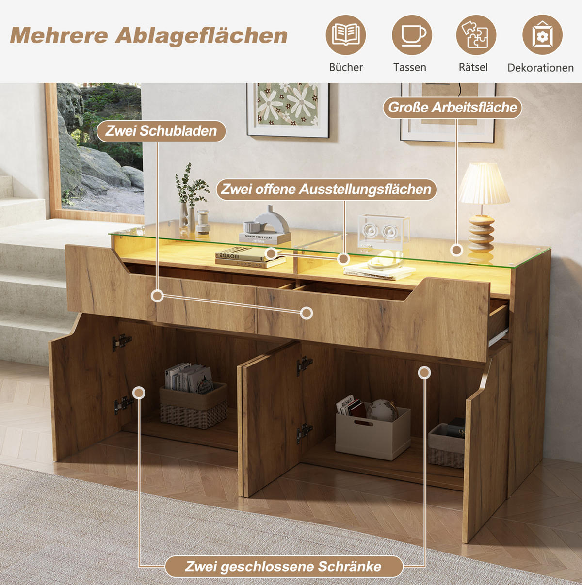 SIDEBOARD 140/40/70 cm natur aus MDF mit Glasplatte und 2 Schubladen - Naturfarben, Holzwerkstoff (140/70/40cm) - OKWISH