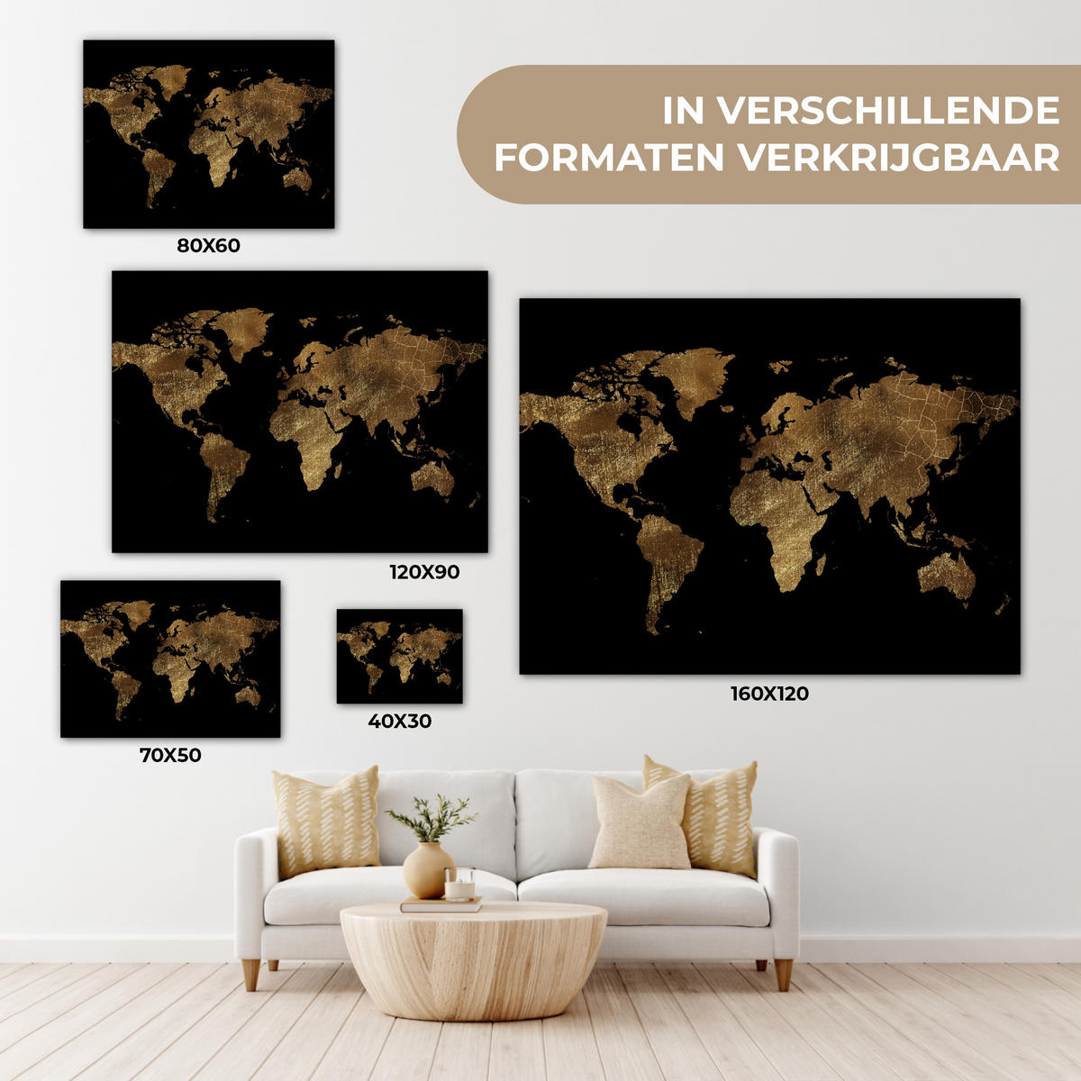 LEINWANDBILD Weltkarte - Gold - Luxus - Erde - Schwarz Wandbilder 80x60 cm - Goldfarben, Textil (80/60cm) - MuchoWow