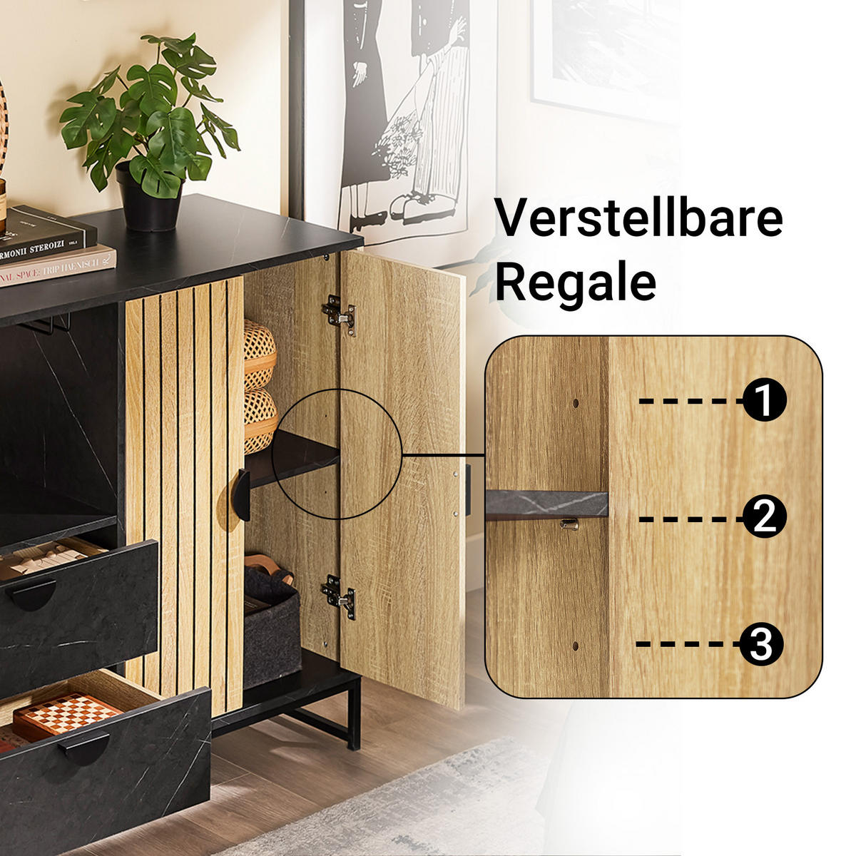 SIDEBOARD Eiche-Schwarz 107×40×85 cm - Schwarz/Naturfarben, Holzwerkstoff (107/40/85cm) - SoBuy