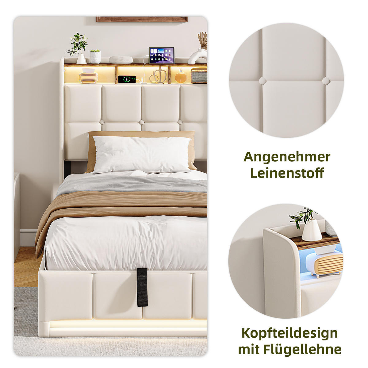 POLSTERBETT 90x200 cm Beige mit LED Beleuchtung, Kopfteil mit Stauraum und USB/Type-C, hydraulisches Stauraumbett - Beige, Metall (90/200cm) - EuroLiving