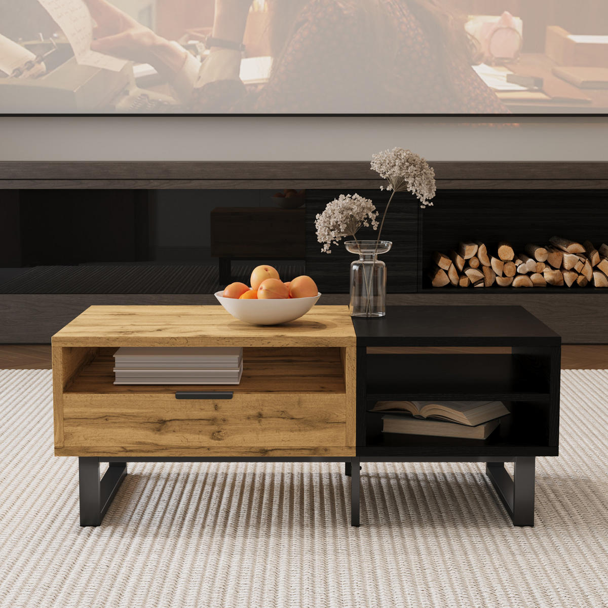 COUCHTISCH mit Fächern, Schubladen und Metallbeinen - Cognac, Metall (100/50/40cm)