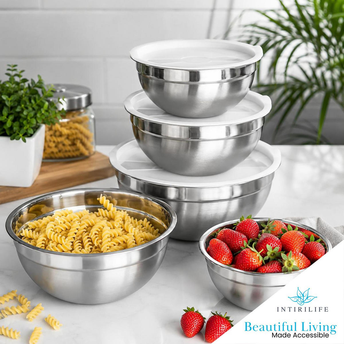 SALAT RÜHRSCHÜSSEL Set mit Deckeln in verschiedenen Größen (5-tlg.) - Silberfarben, Metall (22cm) - Intirilife