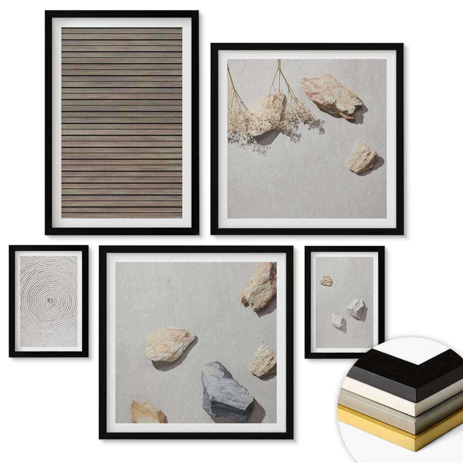 WANDBILDER 5er-Set - 50x50 cm & 20x30 cm & 40x60 cm Schwarzer Rahmen - Natürliche Texturen Holz Steine - Schwarz, Kunststoff (40/60cm) - ArtPrintCave