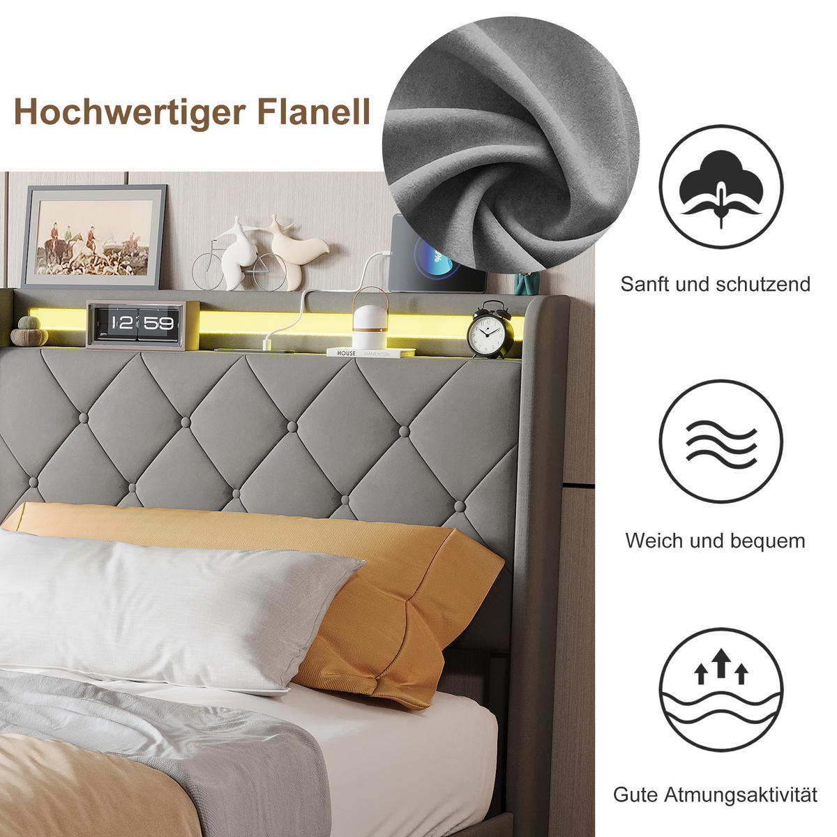 POLSTERBETT 90x200 cm, Zwei Schubladen mit Rollen, RGB LED, USB-/Typ-C-Anschlüsse, Samtstoff, Grau - Grau, Holz (90/200cm) - BRILVERDE