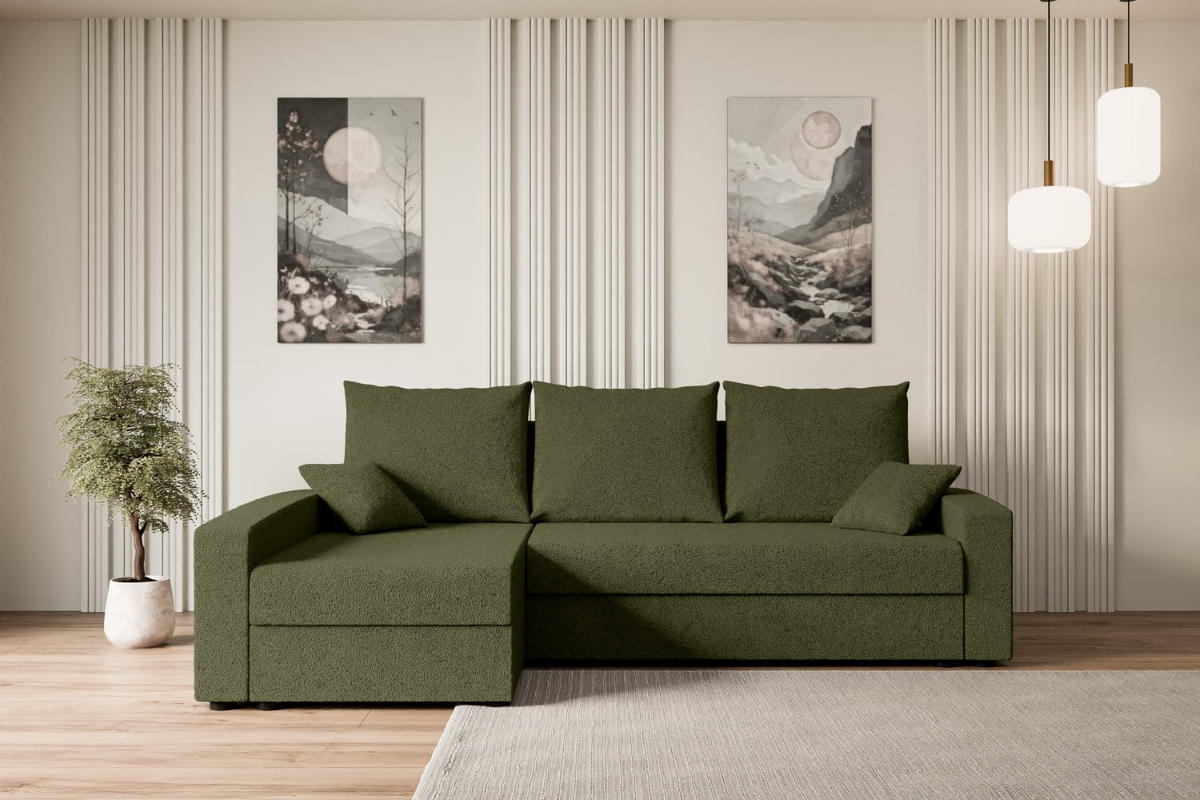 ECKSOFA mit Schlaffunktion und Bettkasten ALESIA-L 231x140x90 cm Grün Bouclé - Silberfarben/Grün, Holzwerkstoff/Kunststoff (231/140cm) - ALTDECOR