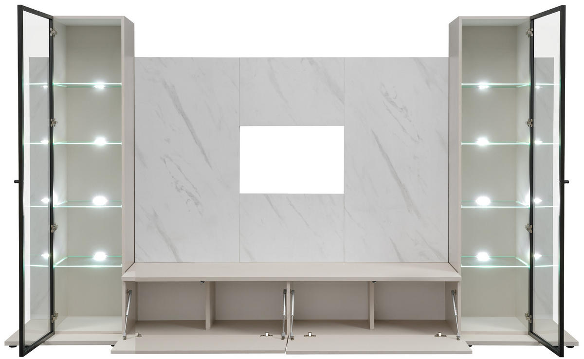 WOHNWAND kaschmir, Marmor weiß 300 cm, Anbauwand mit Wandpaneel, Beleuchtung, Push-to-Open - Kaschmir/Schwarz, Glas/Holzwerkstoff (300/175/45cm) - Inn.Furn