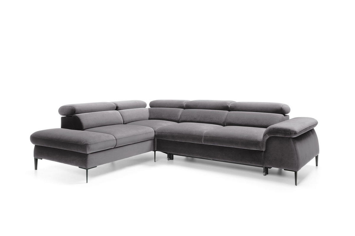 ECKSOFA MESTO Grau Velours-Stoff mit Schlaffunktion - Grau, Holz (280/214cm) - MASSENO