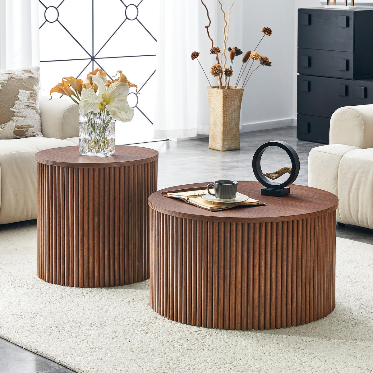 COUCHTISCH-SET 2-teilig in Walnussoptik mit Stauraum und Säulendesign,65/65/40 cm - Walnussfarben, Holzwerkstoff (65/65/40cm) - BEAOK