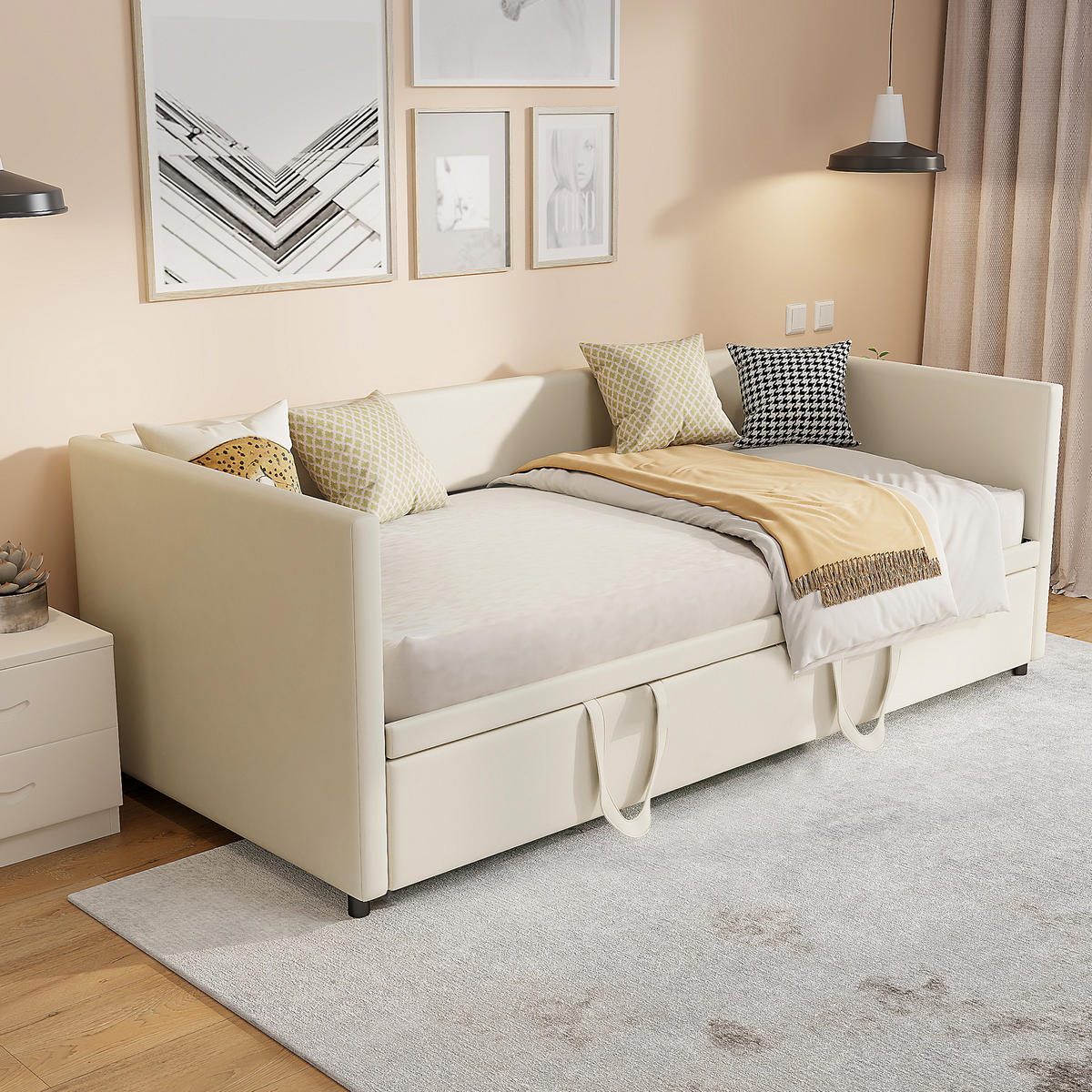 SCHLAFSOFA Samt creme ausziehbar mit Gästebett Funktion 3-fach umwandelbar Tagesbett mit Rollen - Beige, Metall (183/74/213cm) - Joyfair