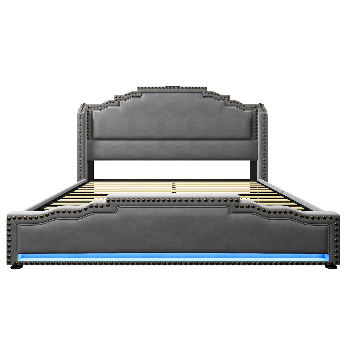 POLSTERBETT aus Samt 160x200 cm Grau mit Matratze, 4 Schubladen, LED-Beleuchtung und USB-C-Anschluss - Grau, Textil (160/200cm) - IVMEU