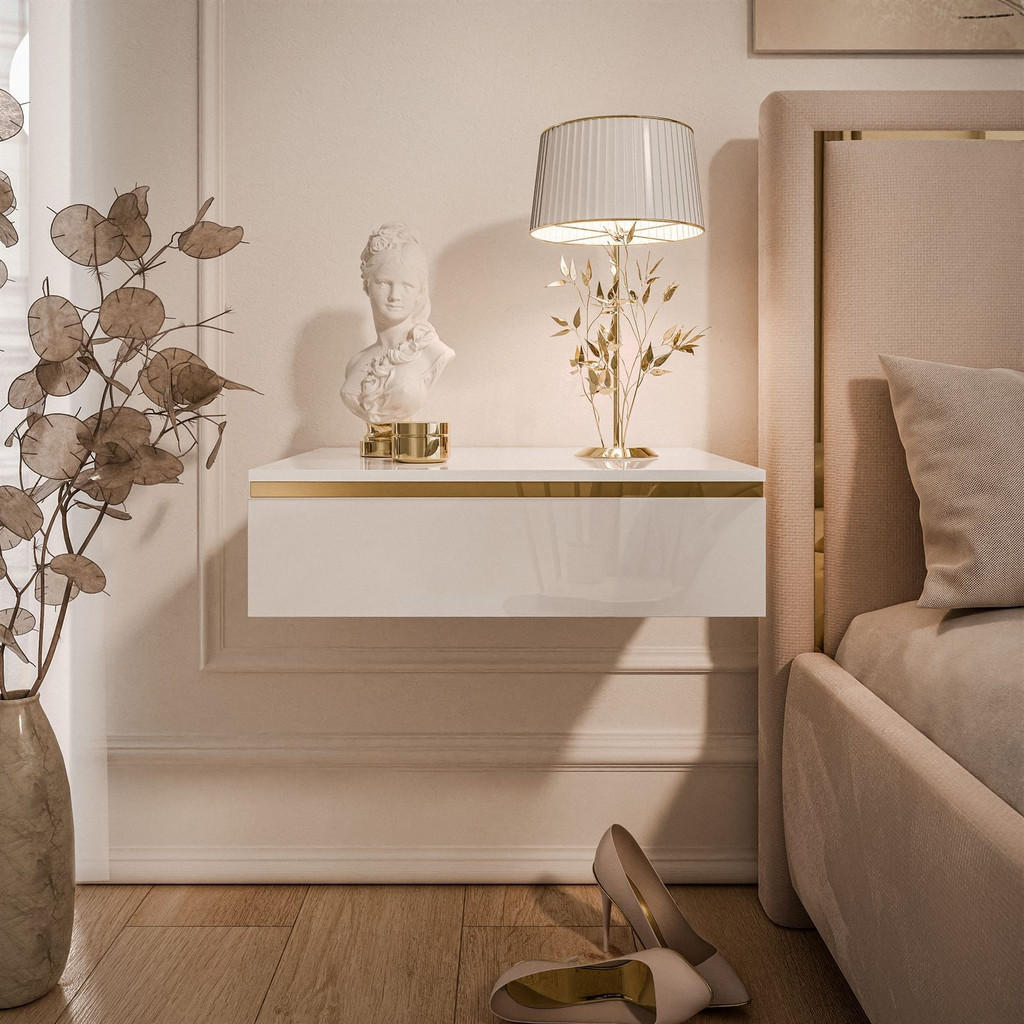 Thumbnail - Lookway Nachttisch, Weiß Hochglanz, Holzwerkstoff, Uni, 1 Schubladen, Rechteckig, 48x15x38 cm, Schlafzimmer, Nachttische