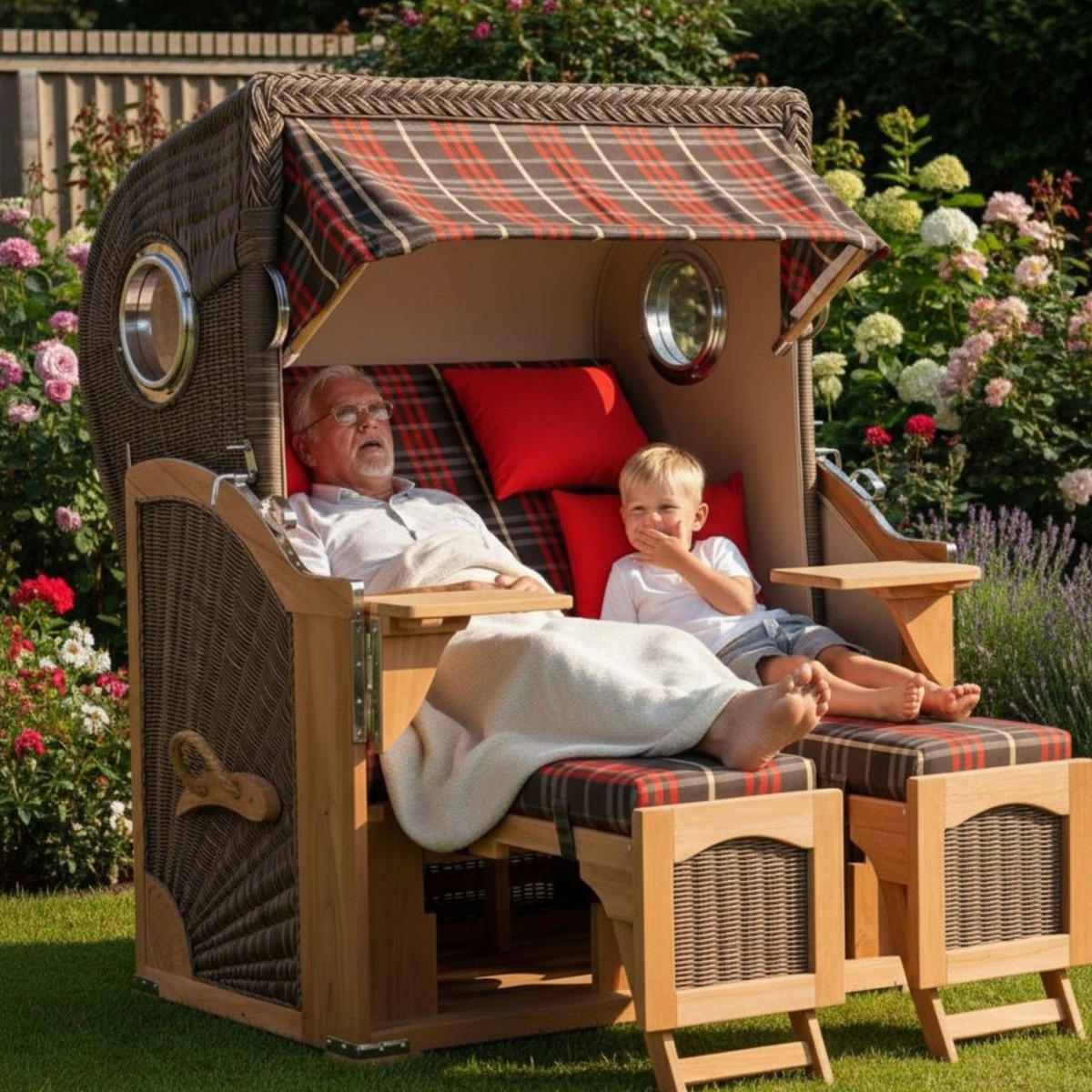 STRANDKORB Düne 2 Sitzer Teak PE Grey - Rot/Braun, Holz/Metall (125/170/80cm) - Mr. Deko