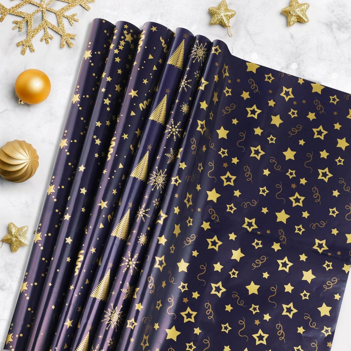 GESCHENKPAPIER Set 6 Blätter 50 x 70 cm Dunkelblau Gold - Dunkelblau, Papier (50/0.1/70cm)