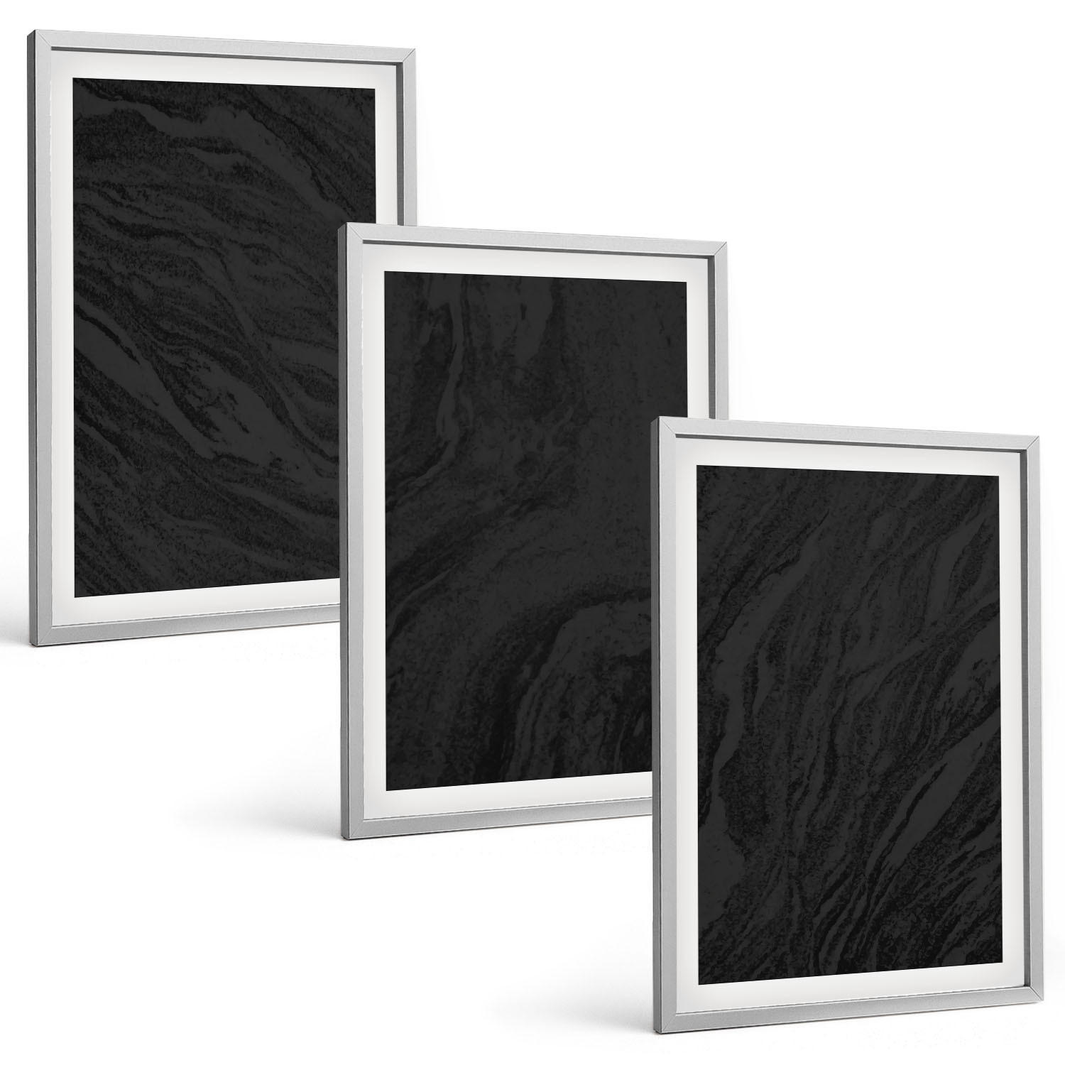 BILDER SET 3er Set - 40x60 cm Silberner Rahmen - Dunkler Marmor, elegante Texturen - Silberfarben, Kunststoff (40/60cm) - TULUP