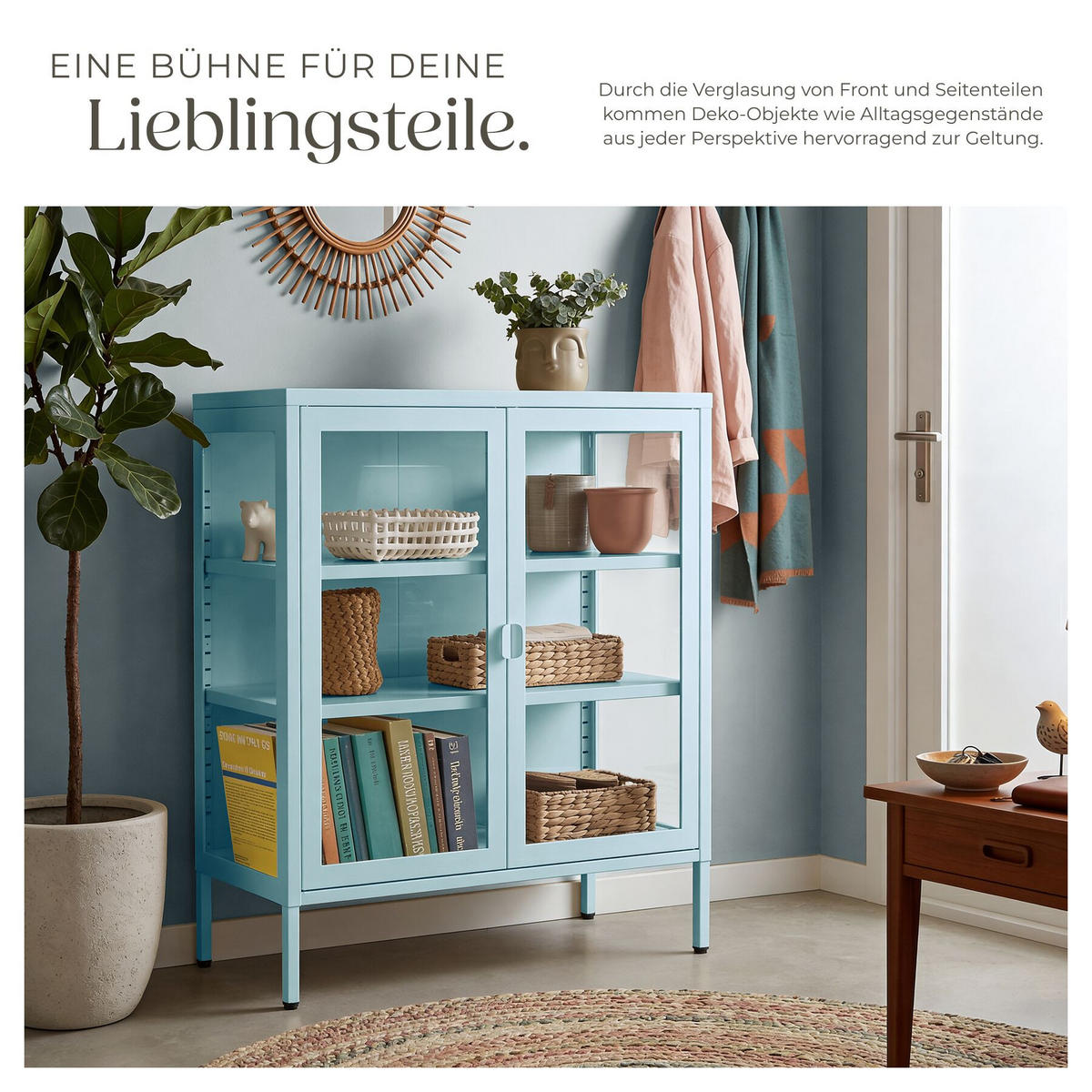METALLVITRINE Baker, Kippschutz, höhenverstellbare Füße, grau/blau - Blau/Grau, Metall (80/90.5/37cm) - tectake