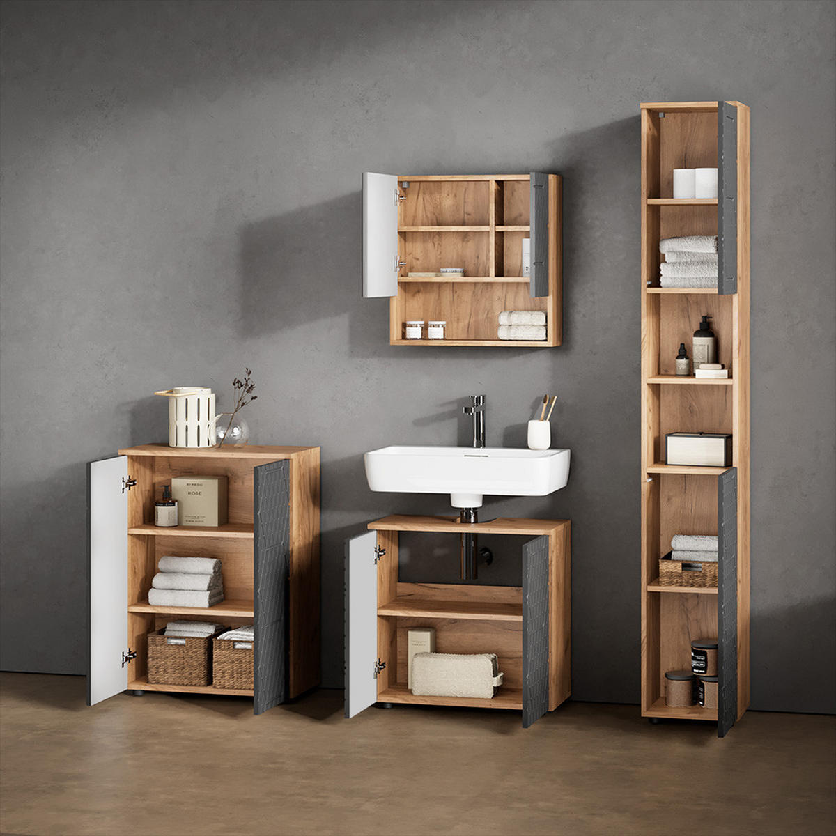 BADMÖBEL-SET Ronco Anthrazit gestreift 4 Teile, mit Hochschrank und Kommode - Anthrazit, Holzwerkstoff (60/59/30cm) - Livinity®