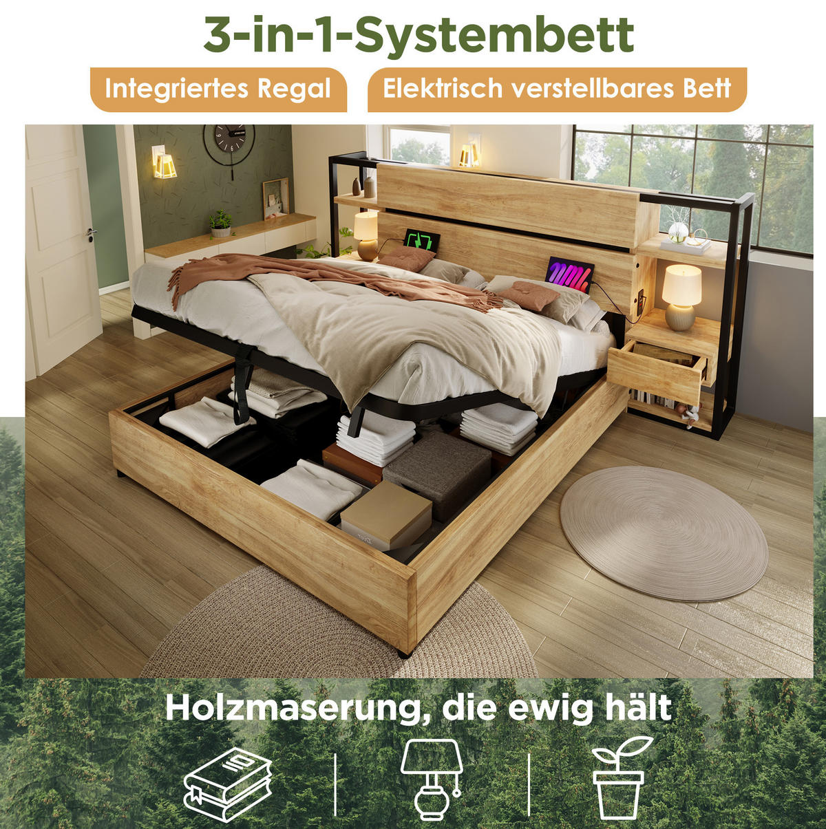 POLSTERBETT 180/200 cm Eiche aus MDF und Metall mit Stauraum und Ladestation - Eichefarben, Holzwerkstoff (180/200cm) - OKMYHOME