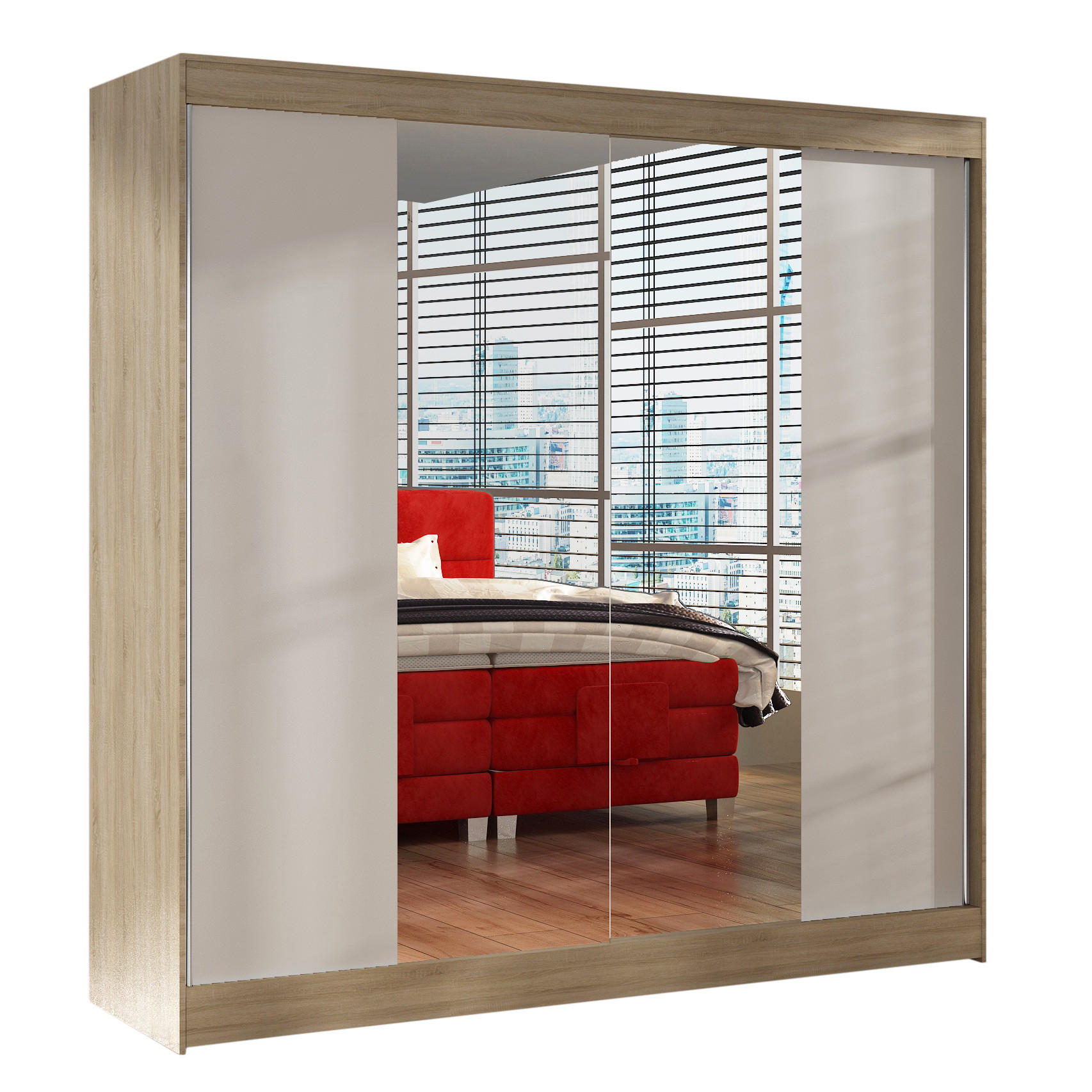 Sofnet Schwebetürenschrank Beige, Weiß 200x215x58 cm