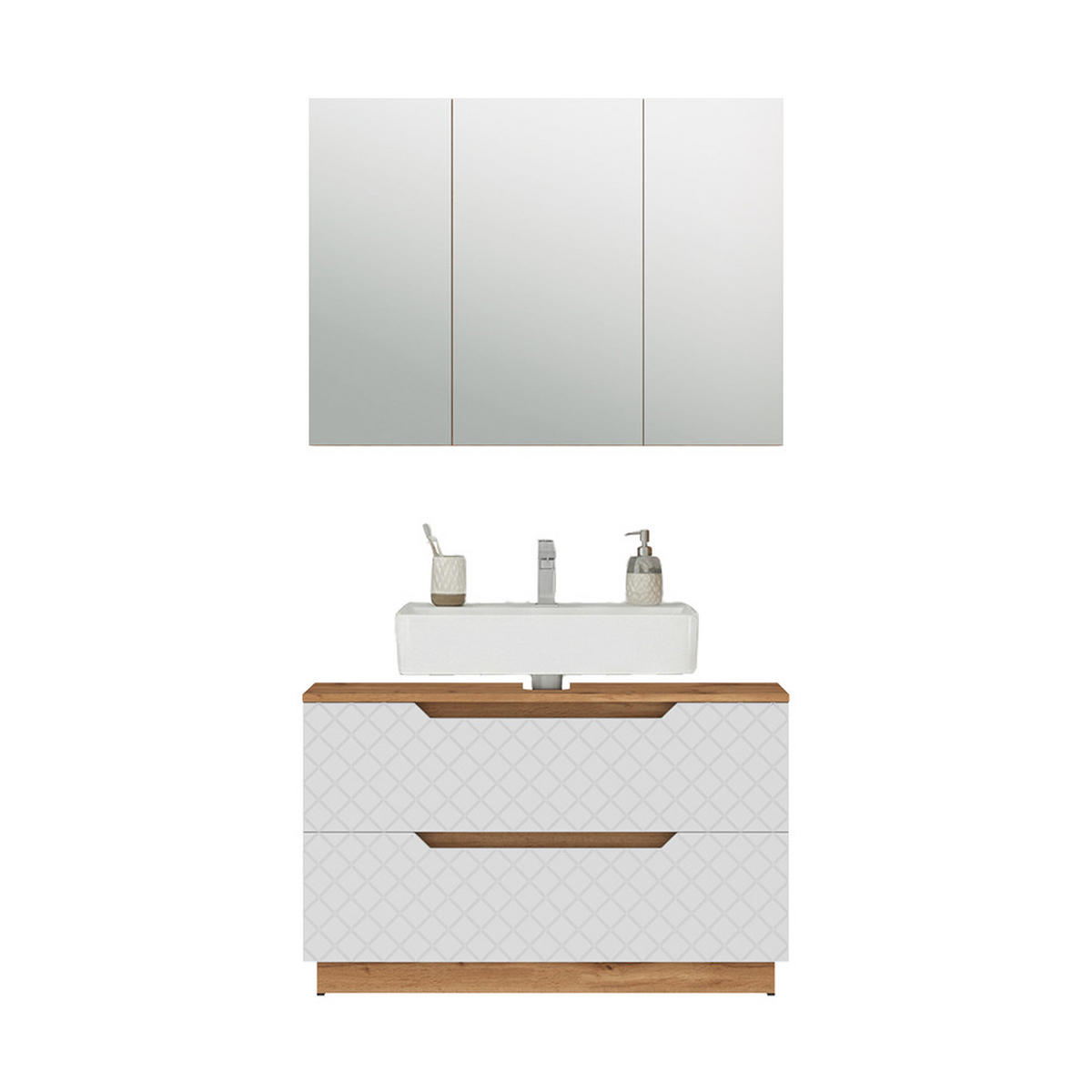 BADMÖBEL-SET Lotta Eiche/Weiß mit Kachelstruktur 2 Teile - Eichefarben/Weiß, Holzwerkstoff (99.4/62.5/32cm) - Vicco