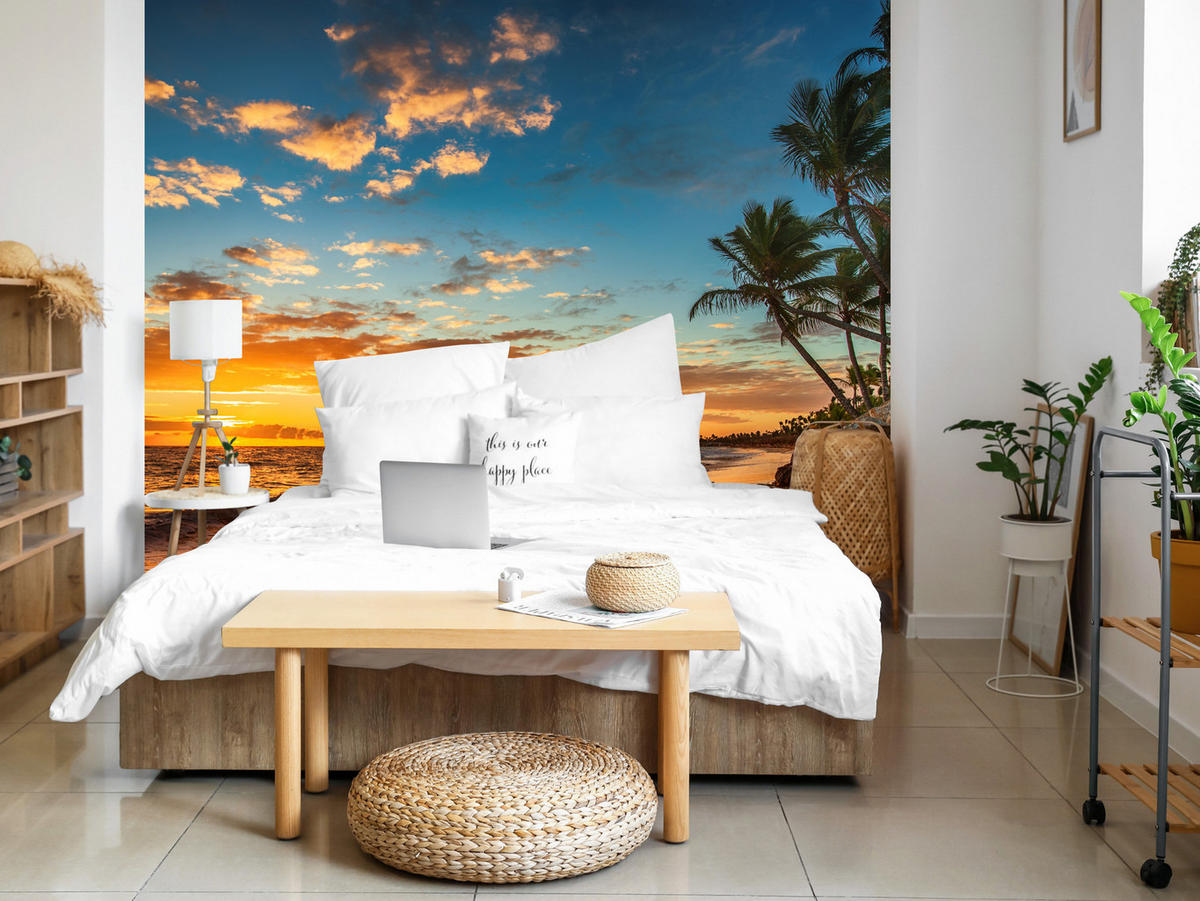 FOTOTAPETE Strand Meer Sonnenuntergang Natur 3D 100x70 - Gelb/Orange, Papier (100/70cm) - Muralo