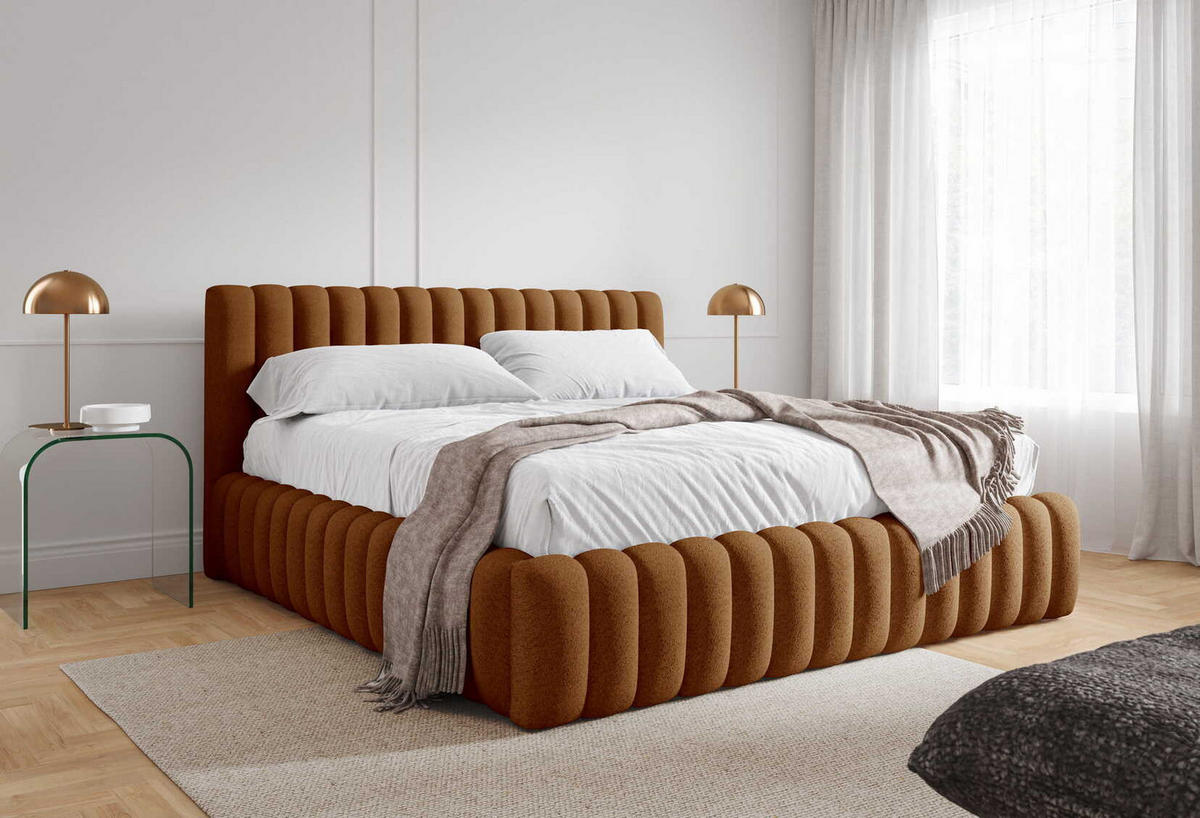 DOPPELBETT Bouclé 160x200 Livia mit Mettalllattenrost, Bettkasten, Orange - Orange, Holz/Textil (160/200cm) - Emporius