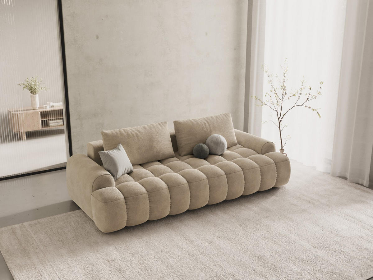 AUSKLAPPBARES-SOFA mit Bettkasten Linz aus Samt leichtes beige 4 Sitzplätze - Creme, Textil (100/84/250cm) - Cosmopolitan Design