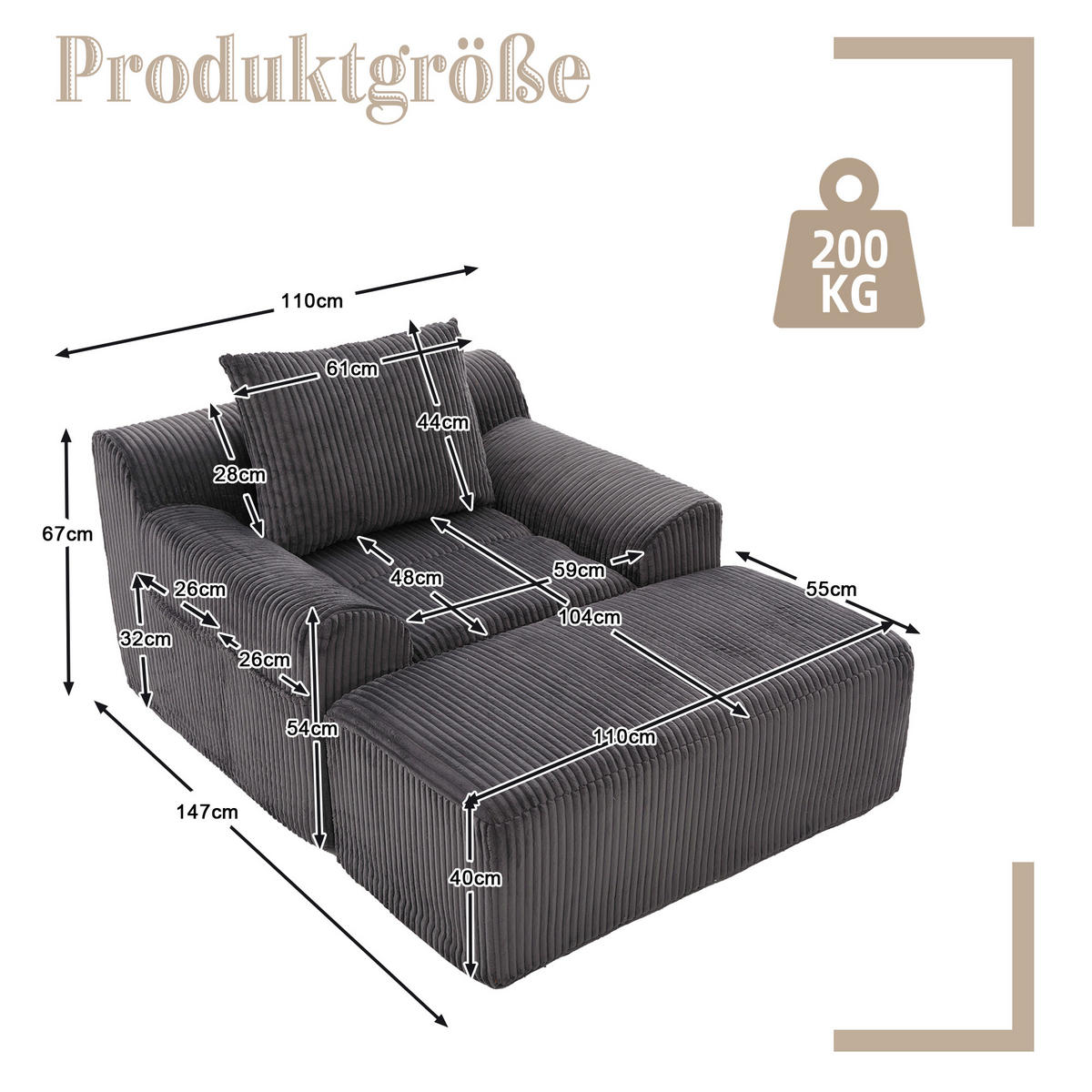 RELAXSESSELSET Übergroßer Loungesesselmit Fußhocker,Cord,Grau - Grau, Textil (110/87/147cm) - LVHOM