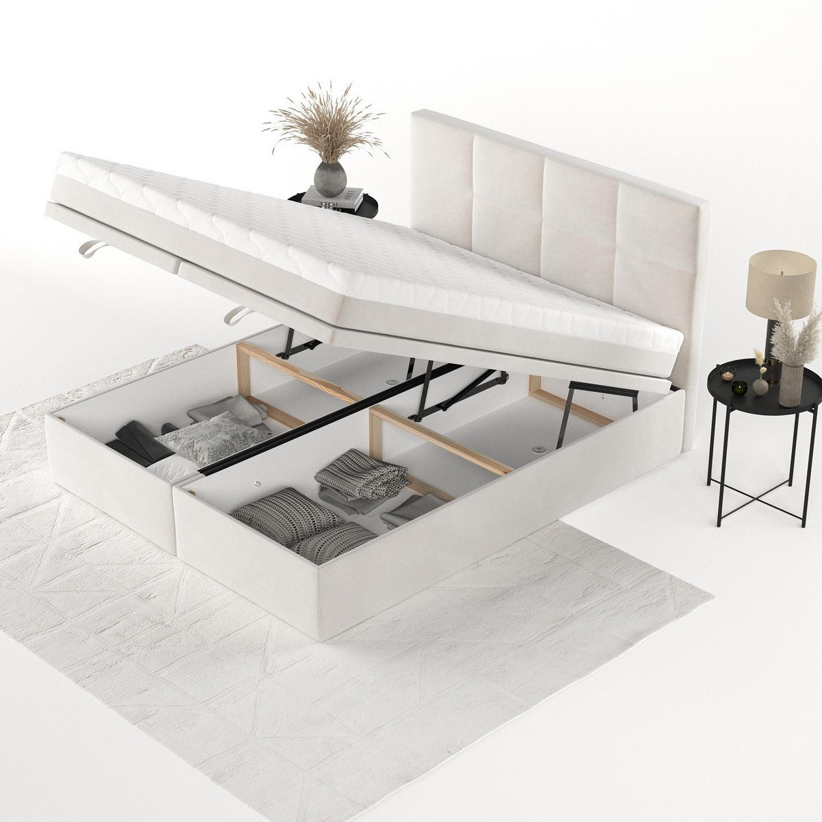 BOXBETT Tessa 180/200 cm Creme im Paros Stoff - Creme/Schwarz, Holz/Holzwerkstoff (180/200cm) - AltaBeds