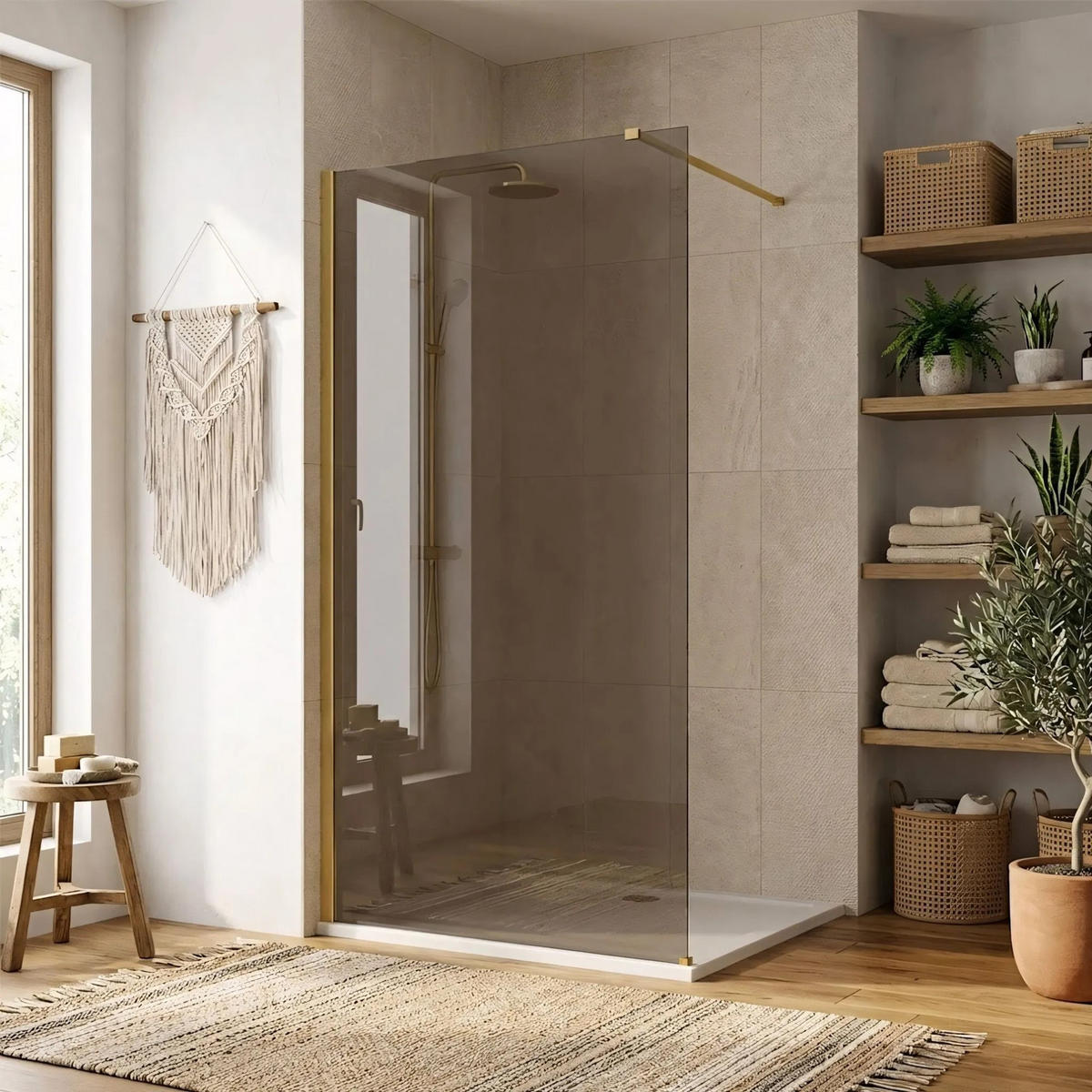 DUSCHWAND Rea Flexi Brown / Brush Gold 140 - Goldfarben, Glas (120/140/195cm) - REA