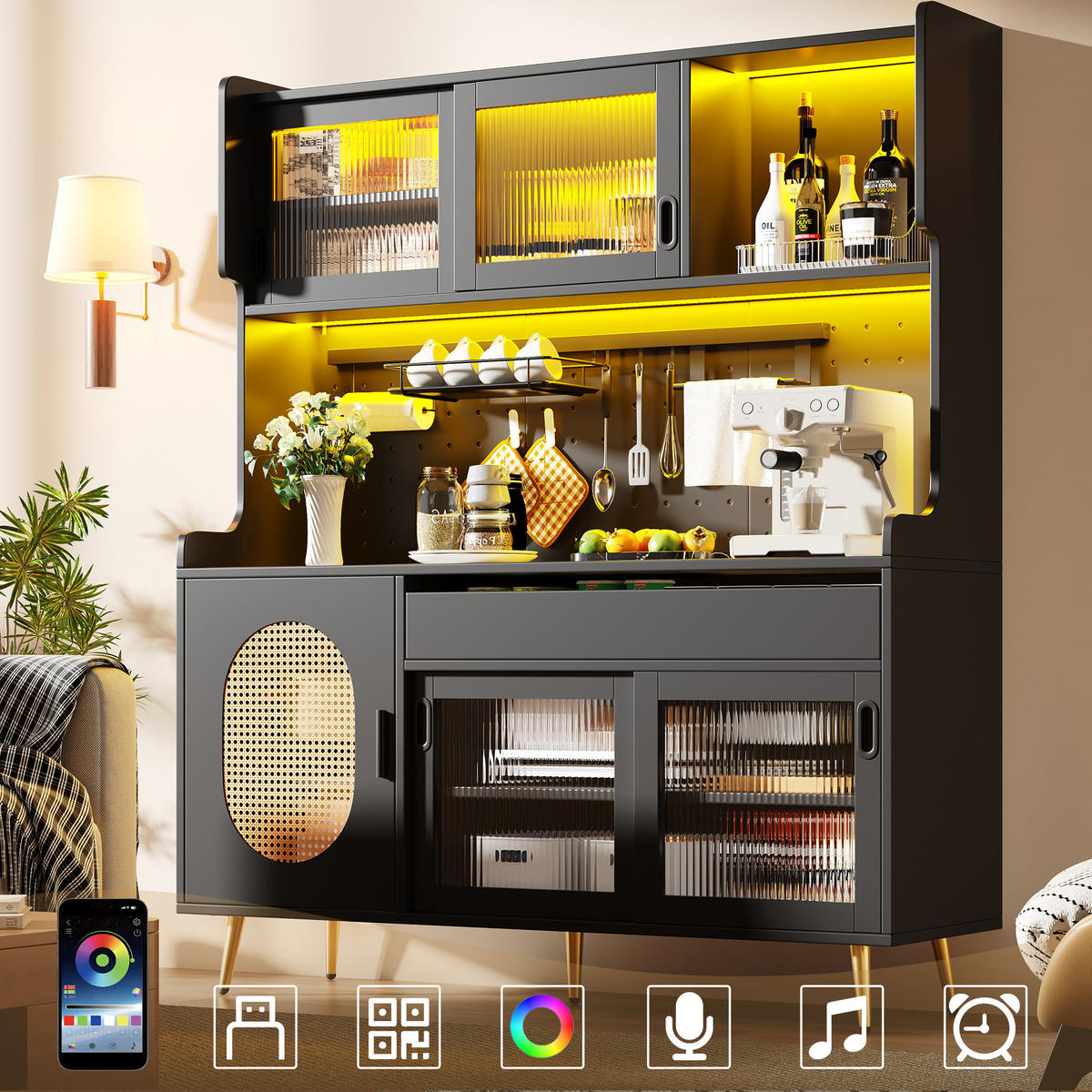 BUFFETSCHRANK 145/39/171 cm schwarz aus MDF mit LED-Lichtleiste - Schwarz, Holzwerkstoff (145/171/39cm) - OKWISH
