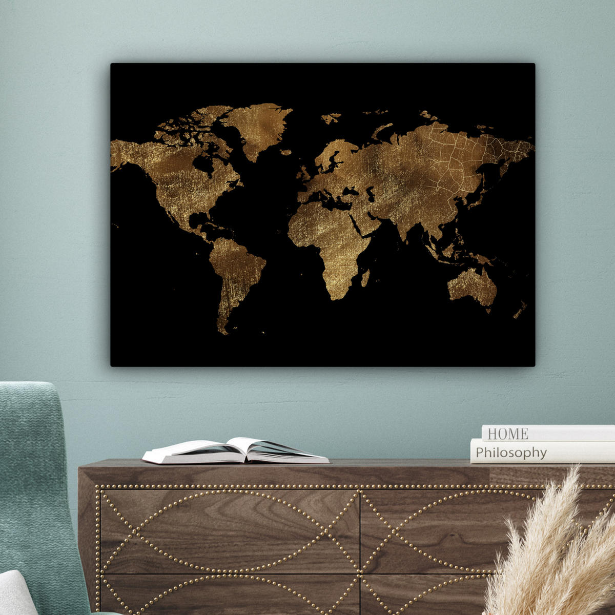 LEINWANDBILD Weltkarte - Gold - Luxus - Erde - Schwarz Wandbilder 80x60 cm - Goldfarben, Textil (80/60cm) - MuchoWow