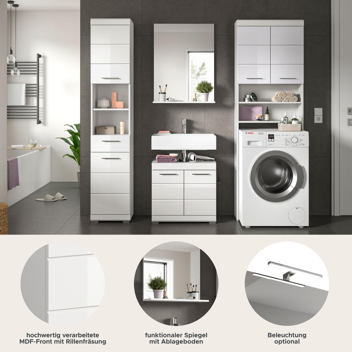 BADKOMBINATION 4tlg. Scout Bad in weiß Nachbildung und weiß hochglanz B/H/T: 190x191x34 cm - Weiß, Holz (190/191/34cm)