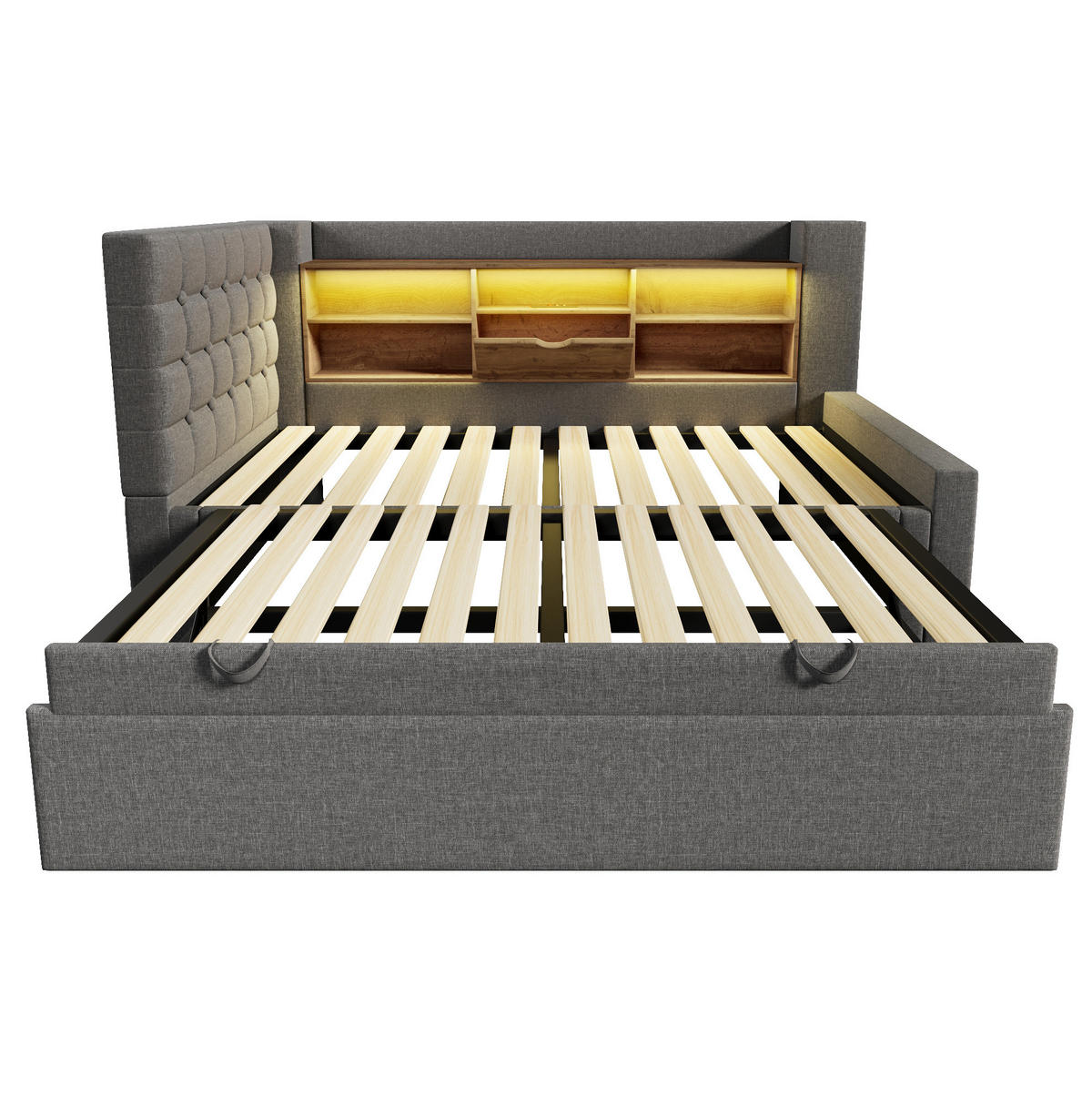 BETT mit Ausziehbett und LED 90x200 cm Leinen Grau - Grau, Metall (90/200cm) - Meubliv