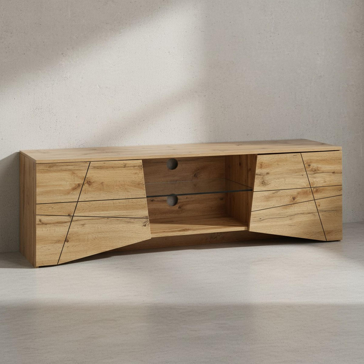 LOWBOARD Eiche-Dekor Modern Stil für 70-Zoll Fernseher mit Glasablage - Braun, Holz (160/50/40cm) - KADIMA DESIGN