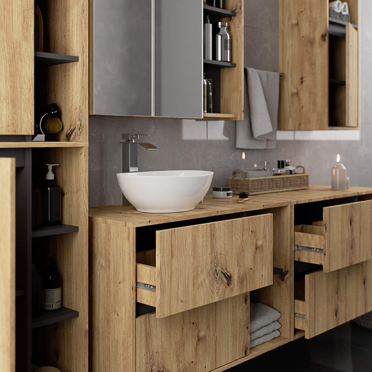 BAD HOCHSCHRANK Vami Eiche Artisan, Grau - Eiche Artisan/Grau, Holzwerkstoff (50/170/30cm) - Akord