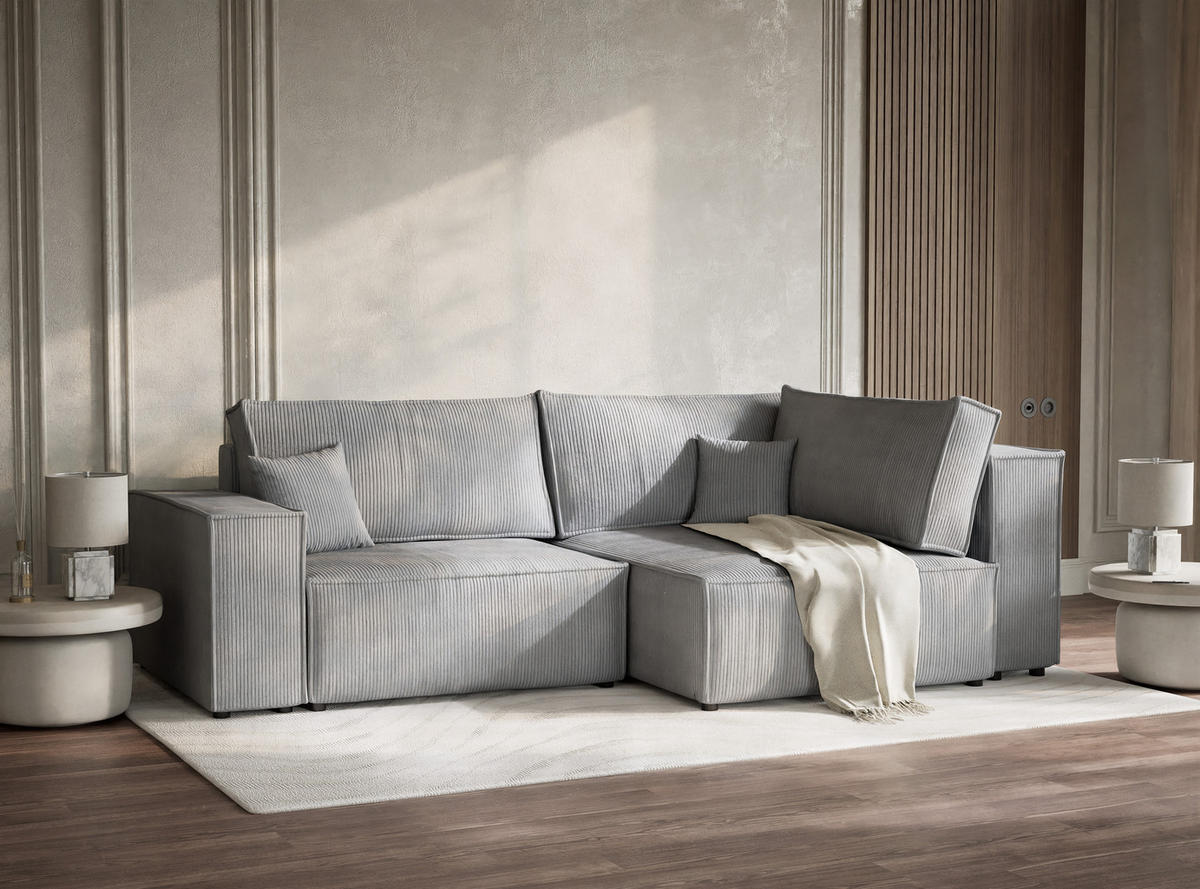 ECKSOFA MIT SCHLAFFUNKTION Tonga Hellgrau Samtstoff - Hellgrau/Schwarz, Holz/Holzwerkstoff (255/105cm) - Maison de Reve